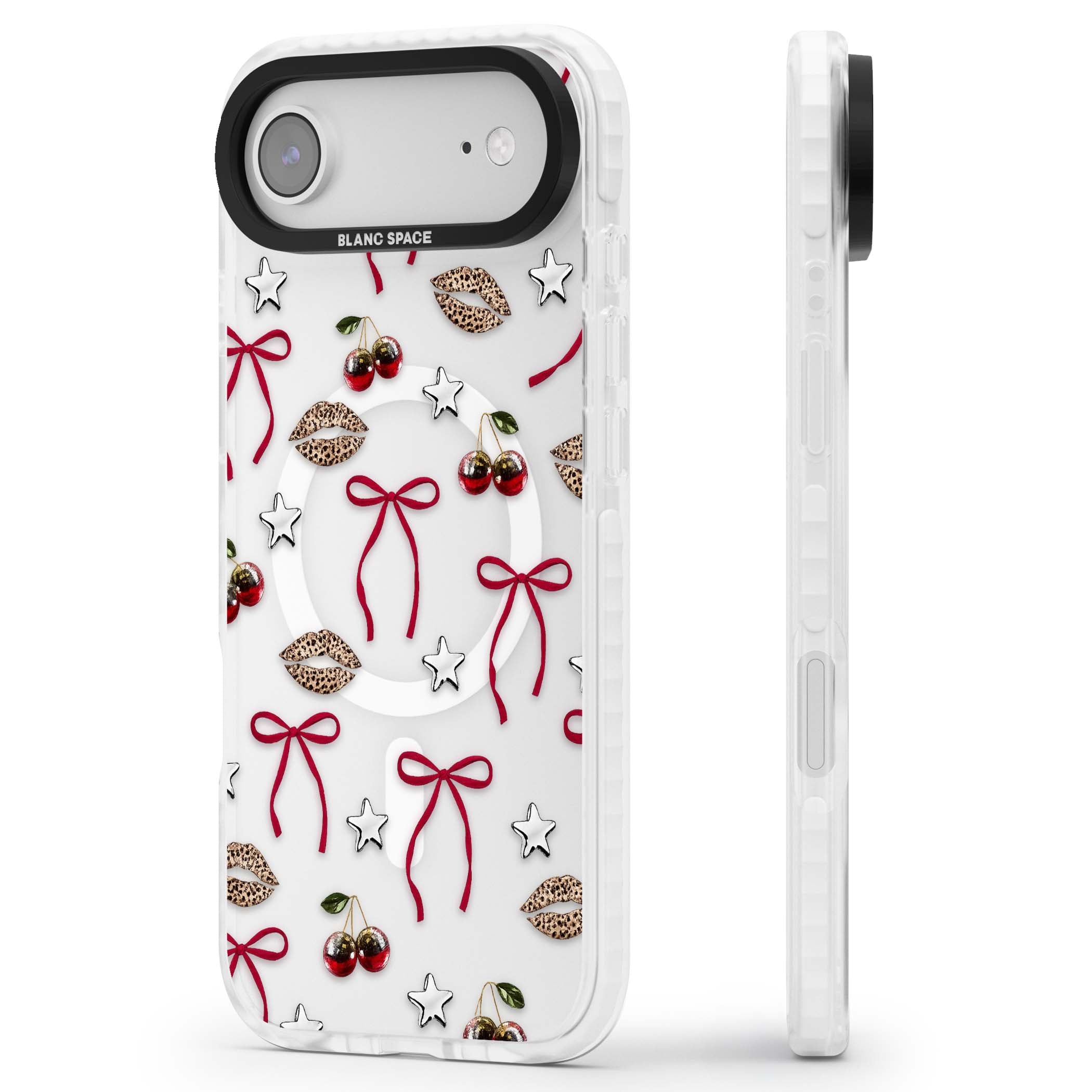Starlet coquette iPhone case featuring red ribbon bows, disco cherries and leopard-print lips | Impact Magsafe case for iPhone Air