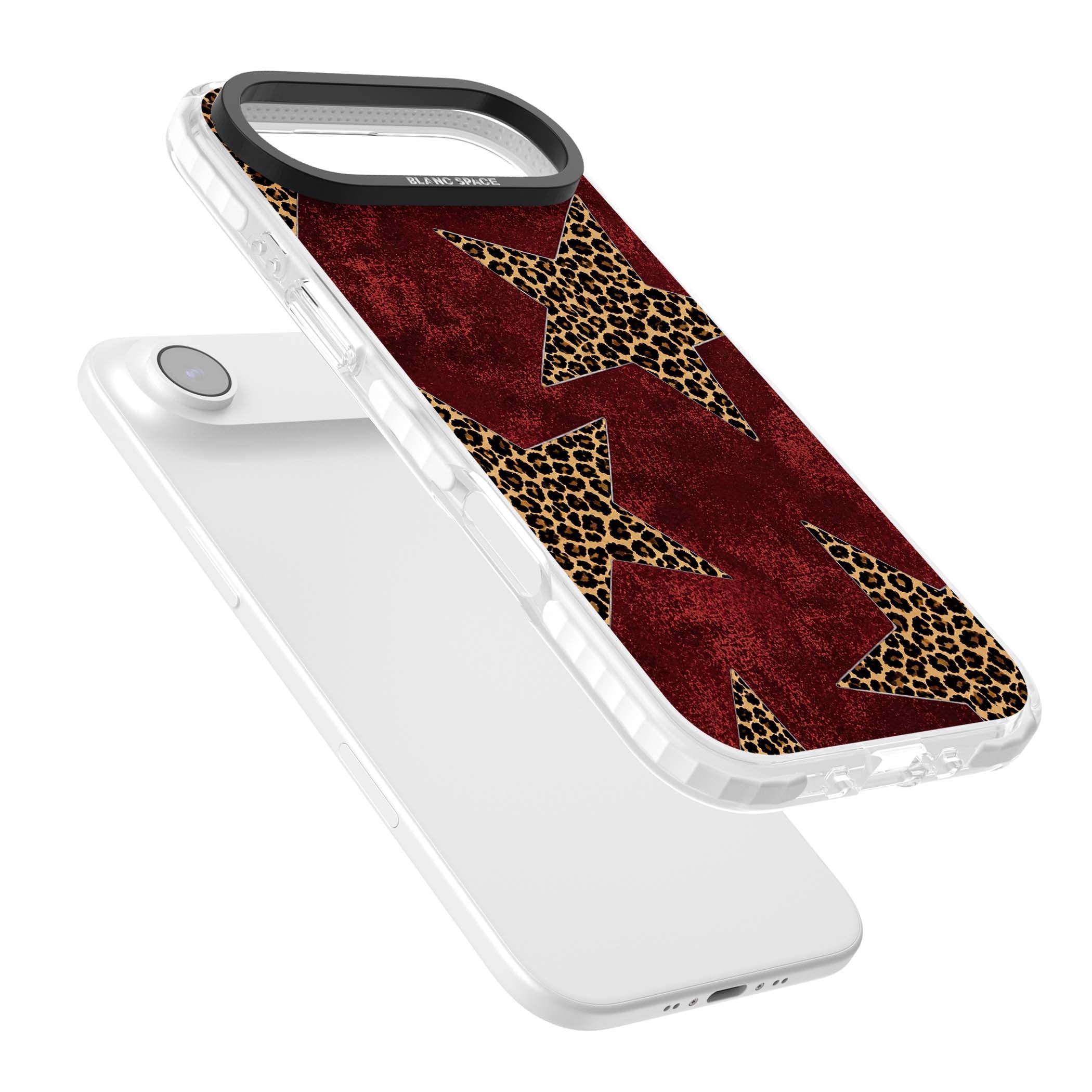 Showgirl leopard print iPhone case featuring cheetah print stars on distressed red grunge background | Impact Magsafe case for iPhone Air
