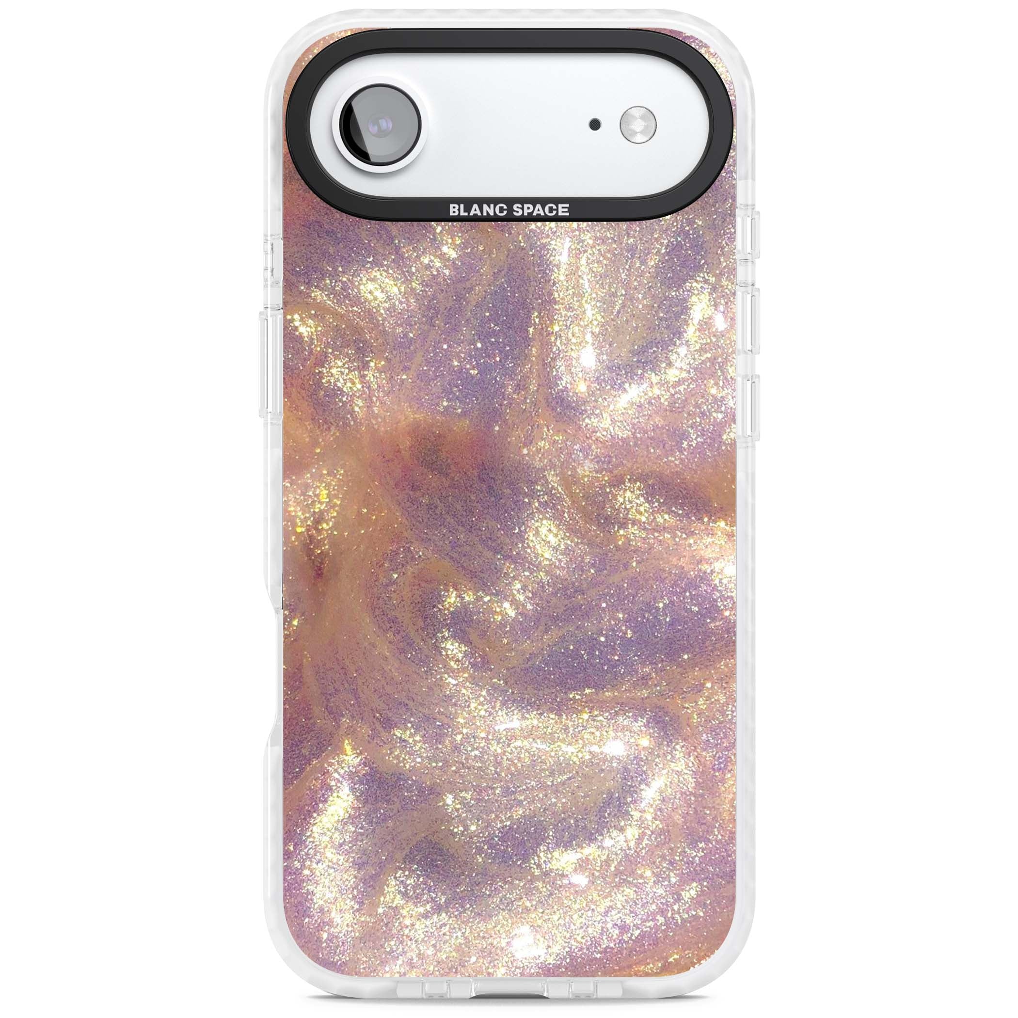 Shimmer marble iPhone case featuring rose gold glitter swirls, lilac shimmer and iridescent pearl finish | Impact Magsafe case for iPhone Air
