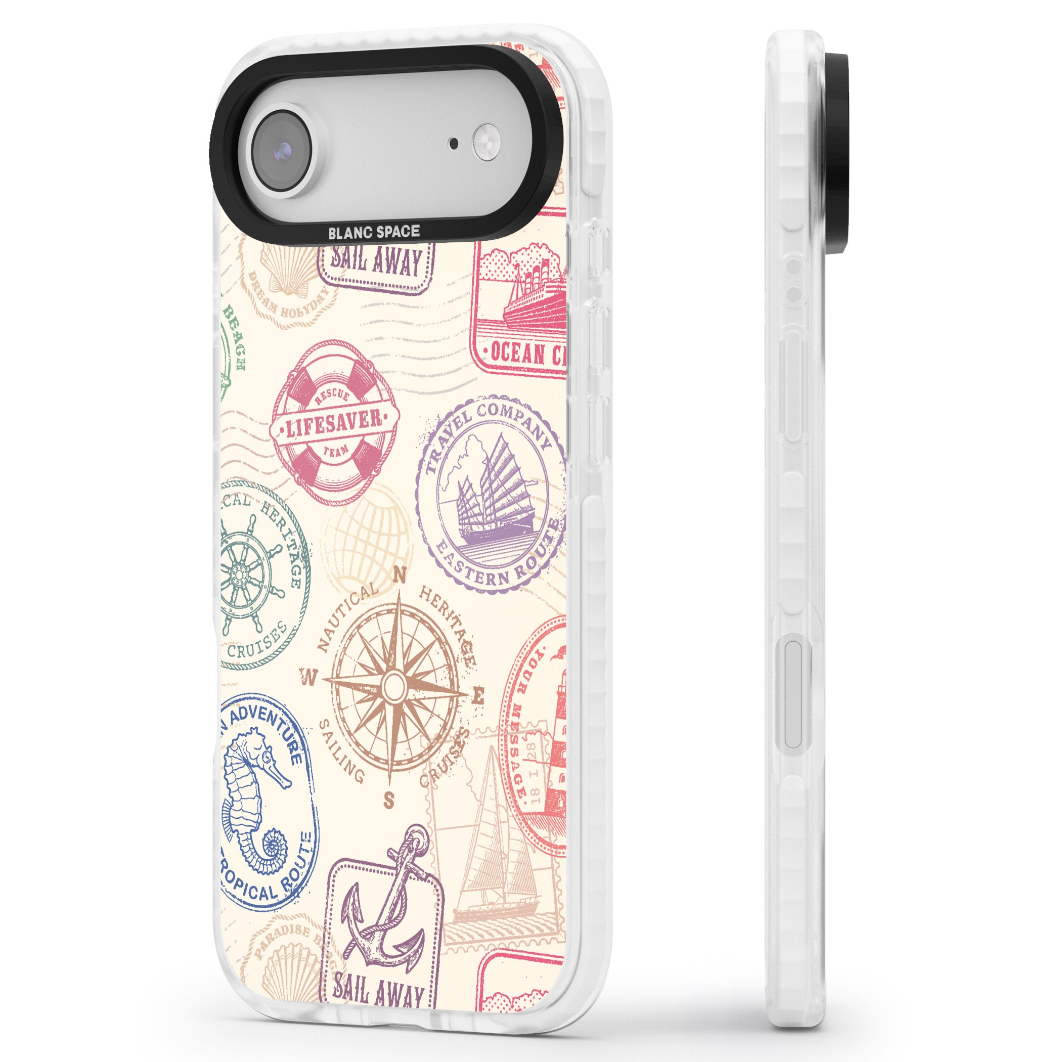 Nautical Stamps iPhone 17 Air Impact Pro Clear Phone Case Side Profile