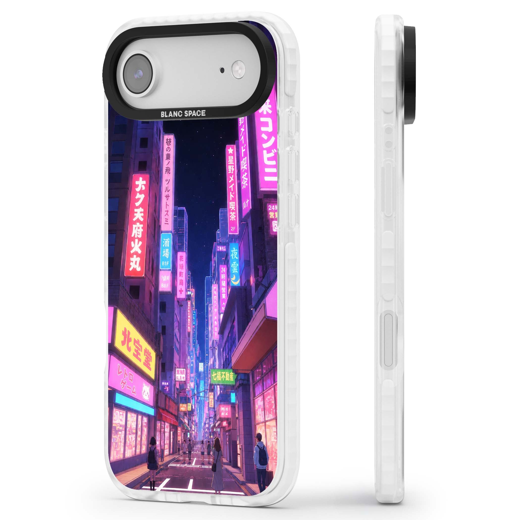 Shibuya At Night Japanese neon city iPhone case featuring glowing kanji signs, pink storefronts and a Tokyo street at n | Impact Magsafe case for iPhone Air