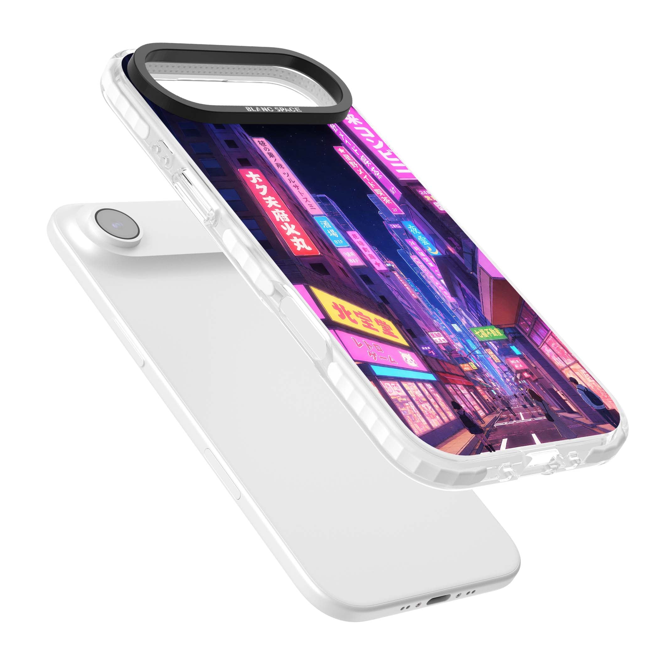 Shibuya At Night Japanese neon city iPhone case featuring glowing kanji signs, pink storefronts and a Tokyo street at n | Impact Magsafe case for iPhone Air