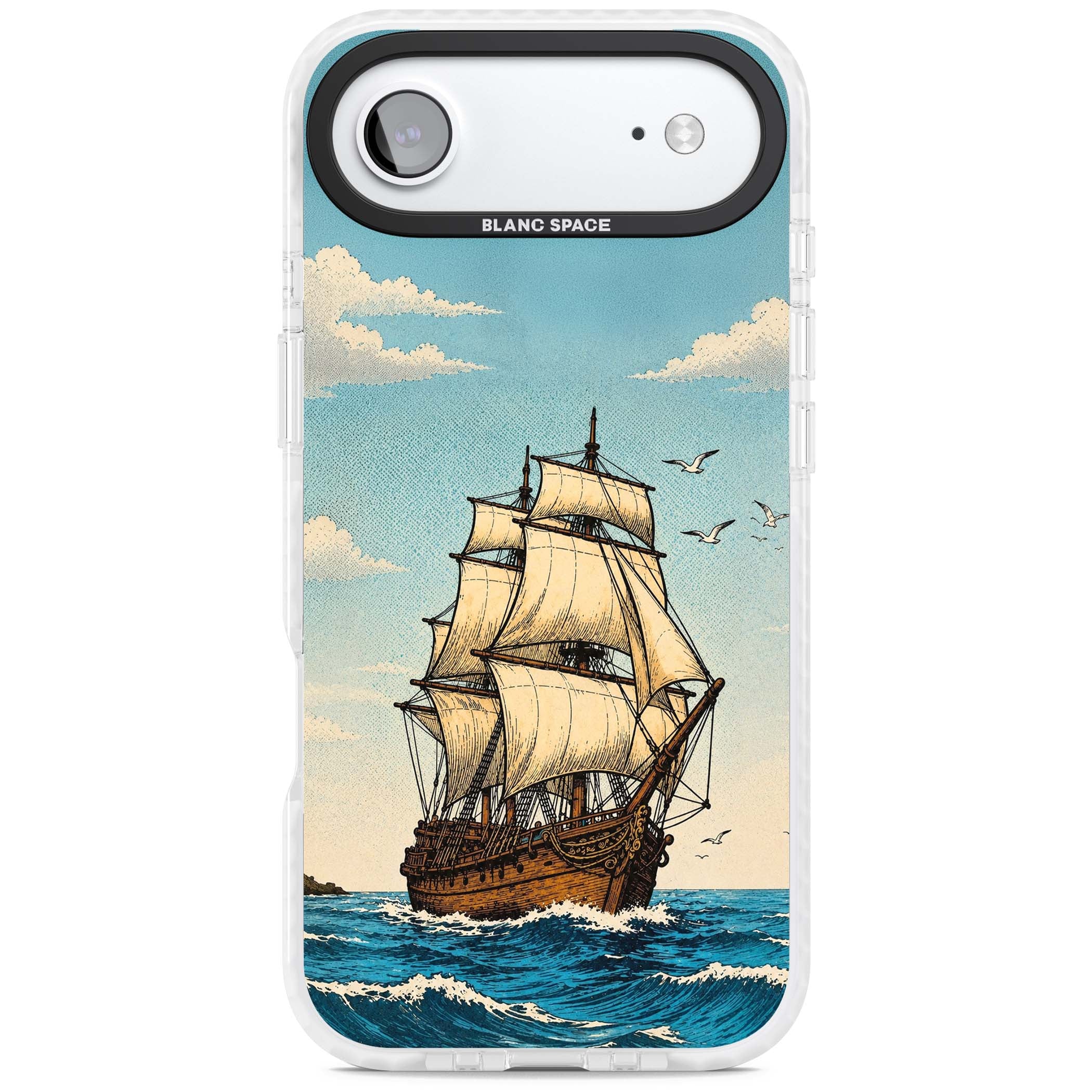 Ship at Sea nautical iPhone case featuring a vintage tall ship, ocean waves and seagulls | Impact Magsafe case for iPhone Air