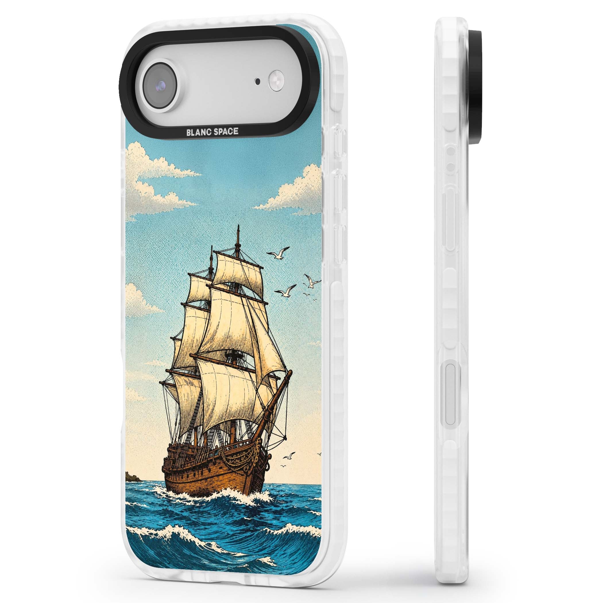 Ship at Sea nautical iPhone case featuring a vintage tall ship, ocean waves and seagulls | Impact Magsafe case for iPhone Air