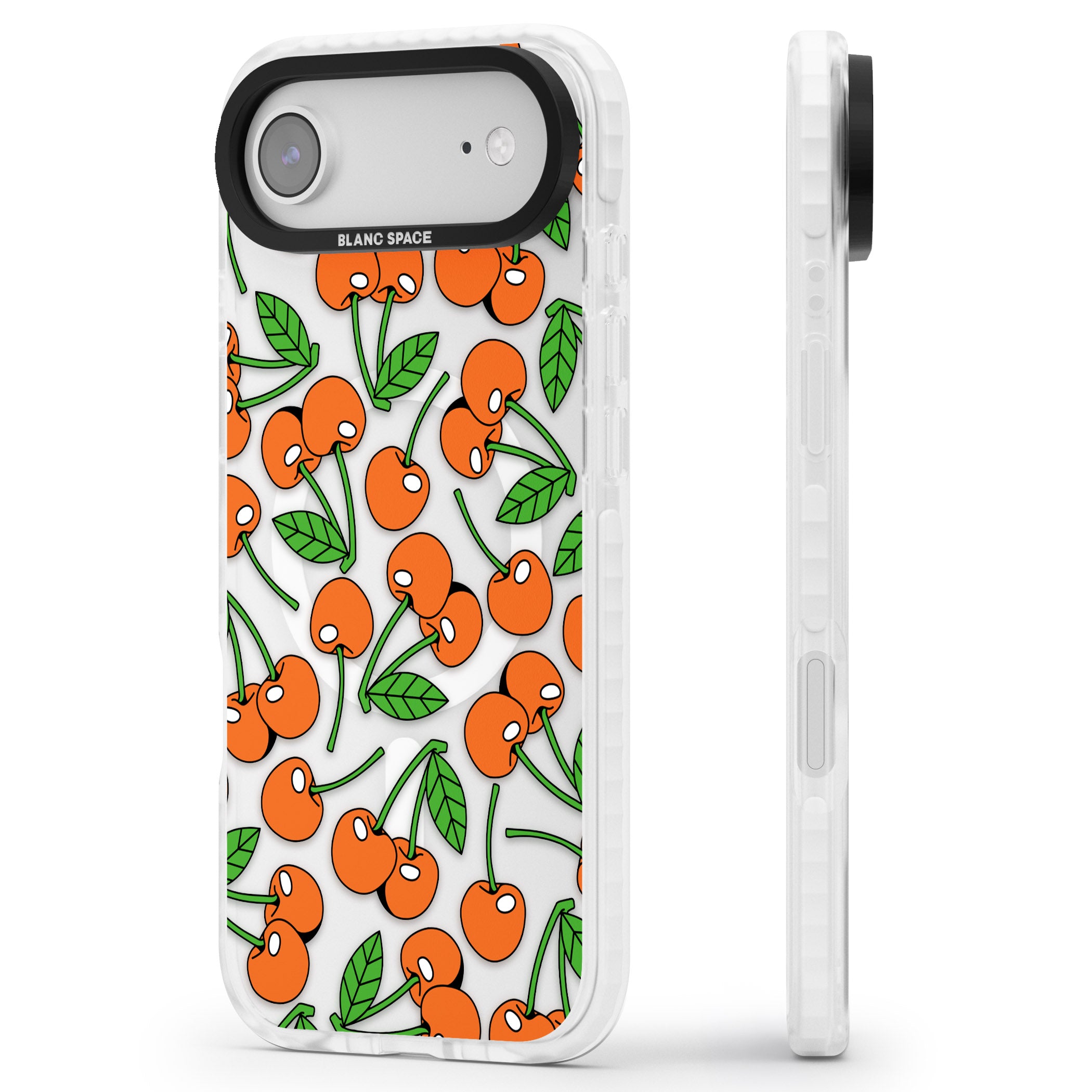 Orchard Fresh Cherries iPhone 17 Air Impact Pro Clear Phone Case Side Profile
