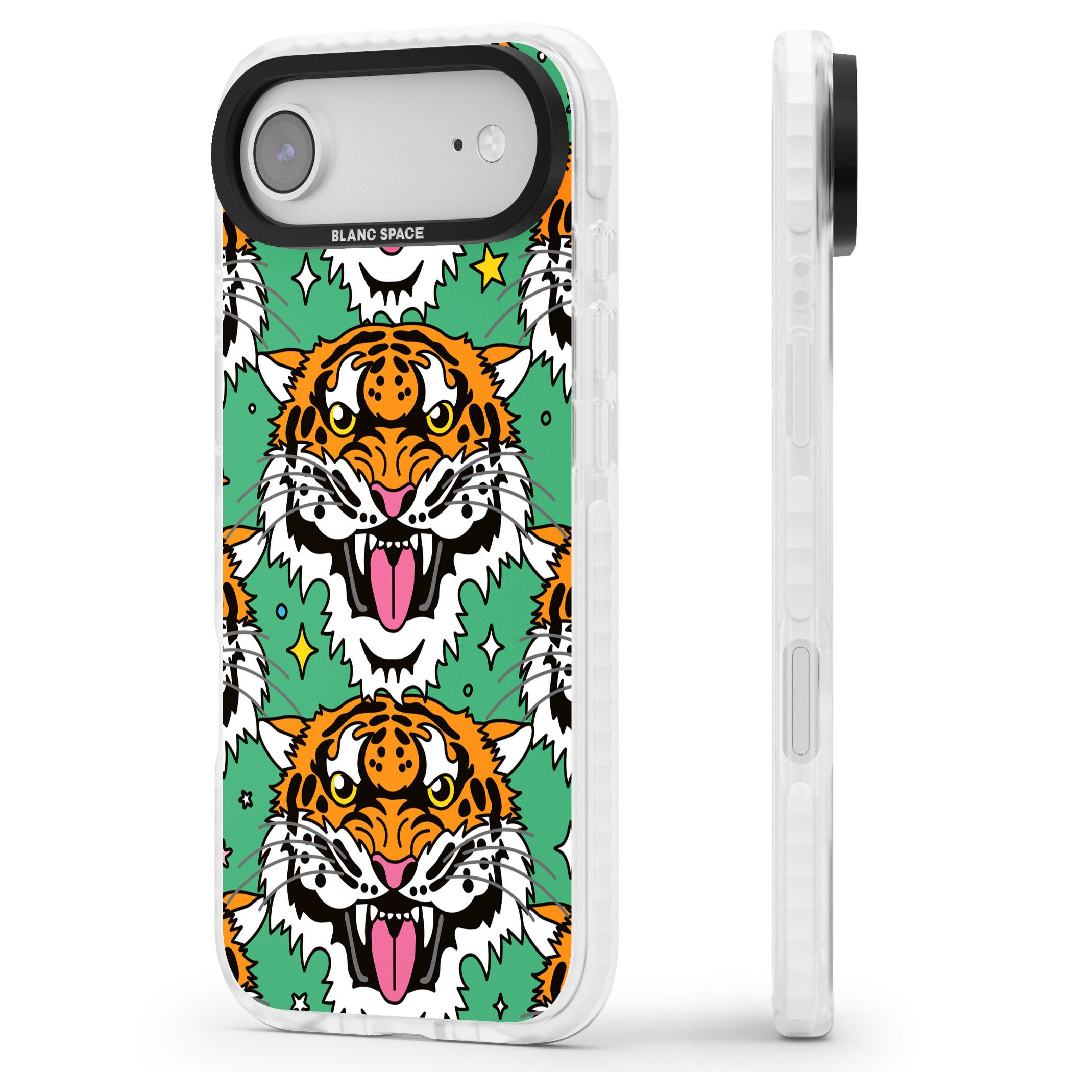 Fierce Jungle Tigers (Green) iPhone 17 Air Impact Pro Clear Phone Case Side Profile