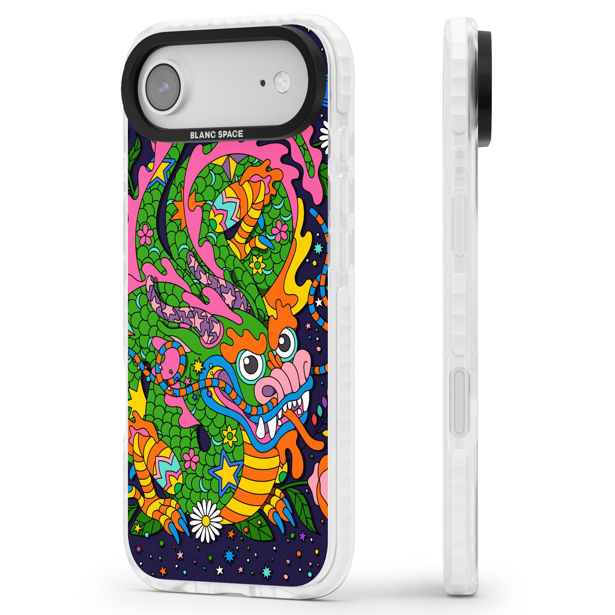 Psychedelic Jungle Dragon (Purple) iPhone 17 Air Impact Pro Clear Phone Case Side Profile