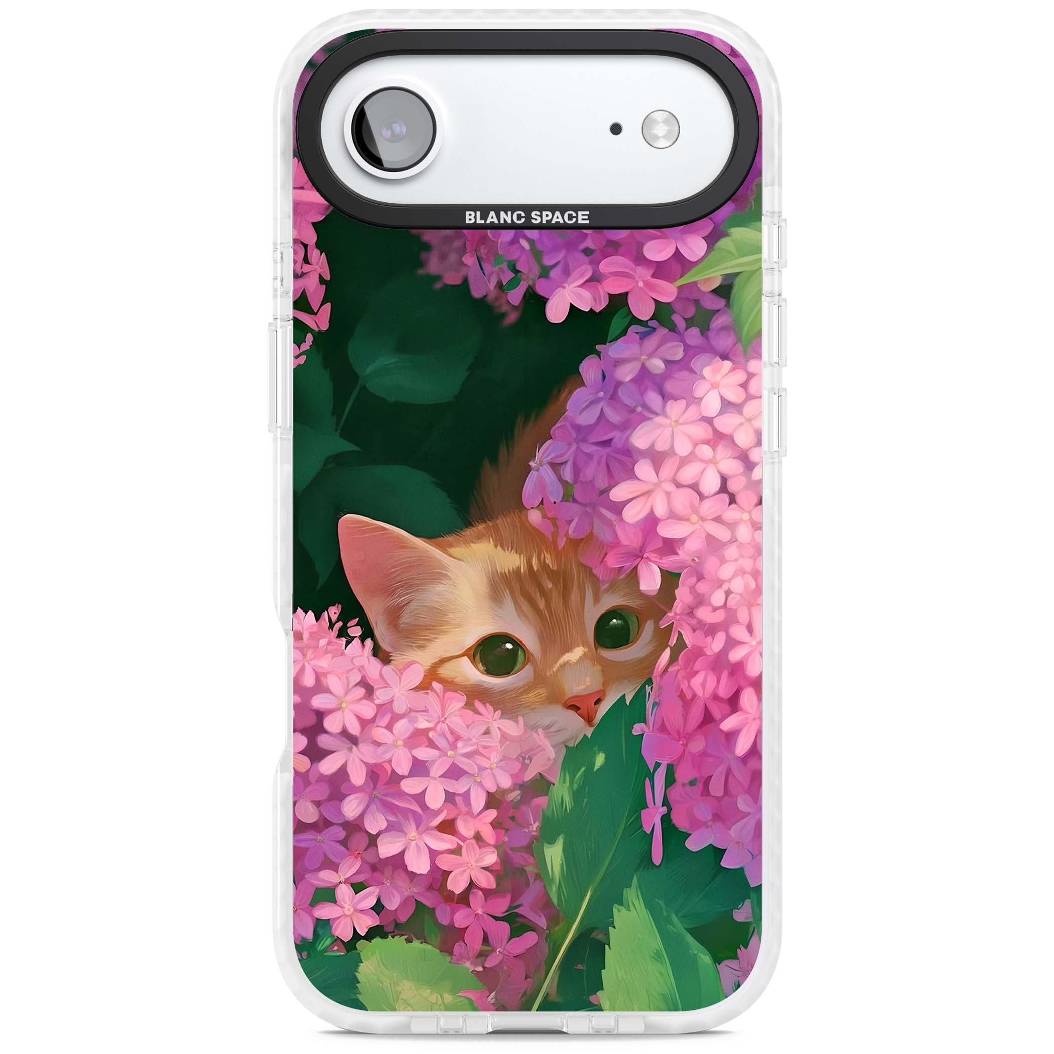 Cat In Pink Flowers cottagecore iPhone case featuring a ginger kitten peeking through lilac and pink hydrangea flo | Impact Magsafe case for iPhone Air