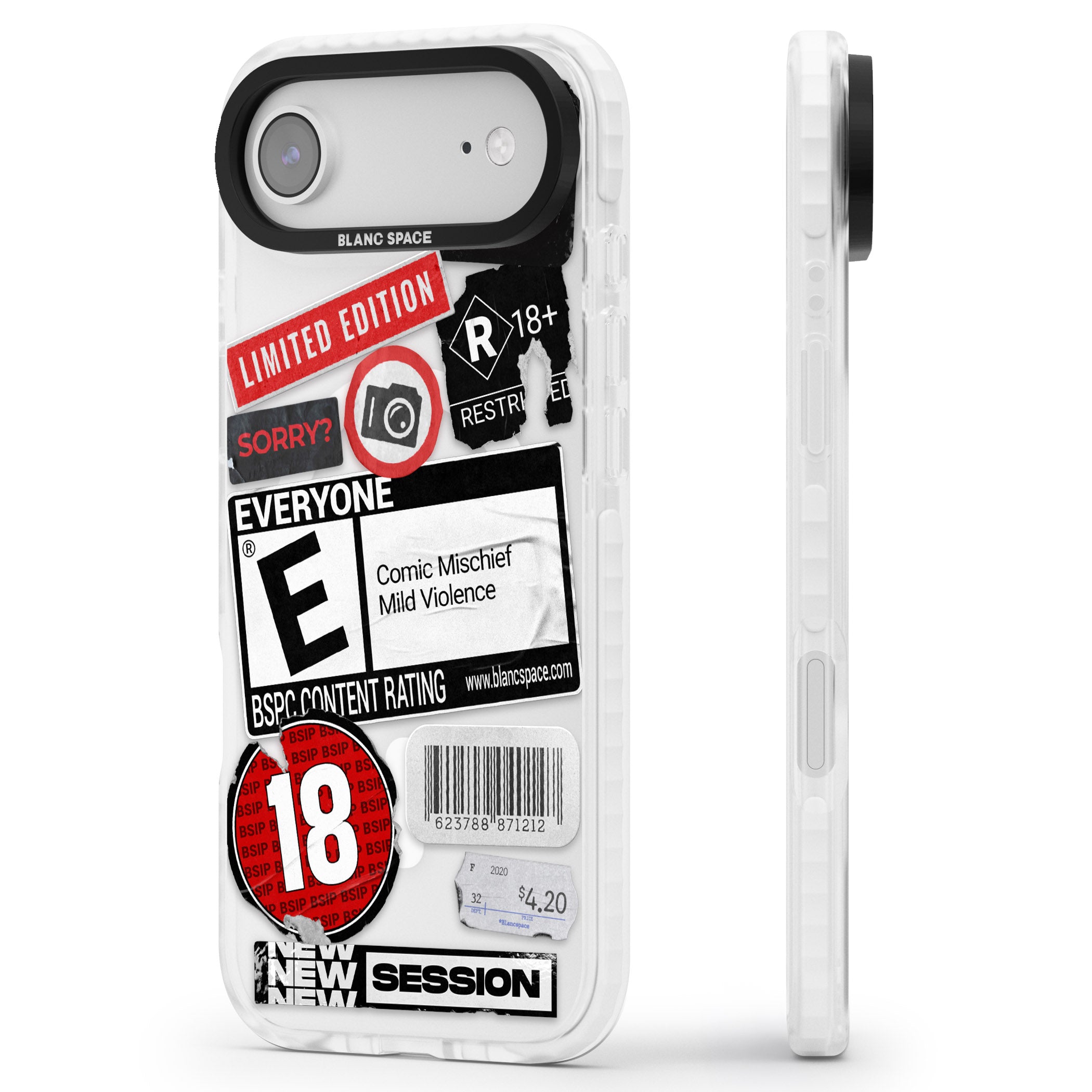 Rated 18+ Sticker Mix iPhone 17 Air Impact Pro Clear Phone Case Side Profile