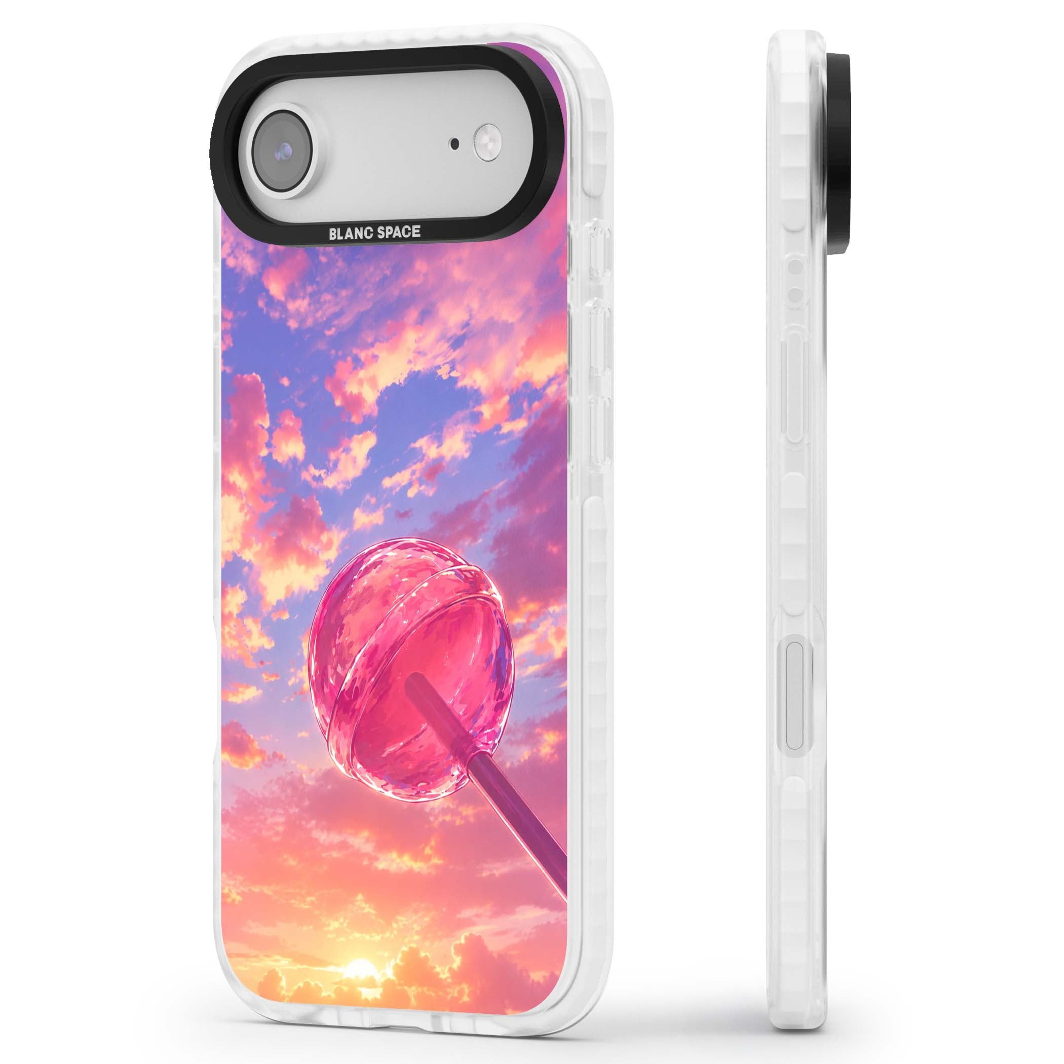 Sugar Sunset candy aesthetic iPhone case featuring a pink lollipop, pastel sunset sky and dreamy clouds | Impact Magsafe case for iPhone Air