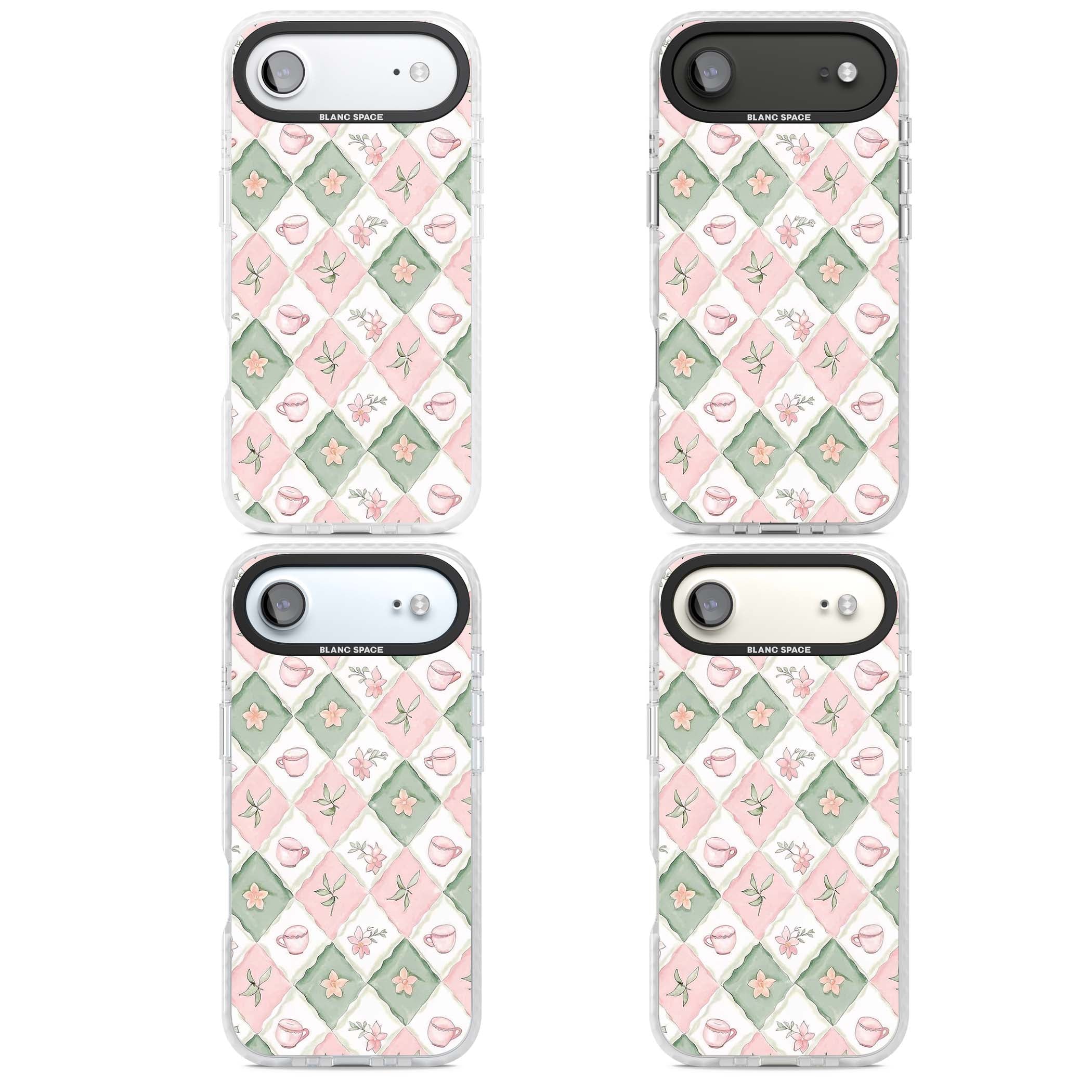 Garden Tea Party coquette iPhone case with pink and green checkered pattern, watercolour teacups and wildflowers | Impact Magsafe case for iPhone Air