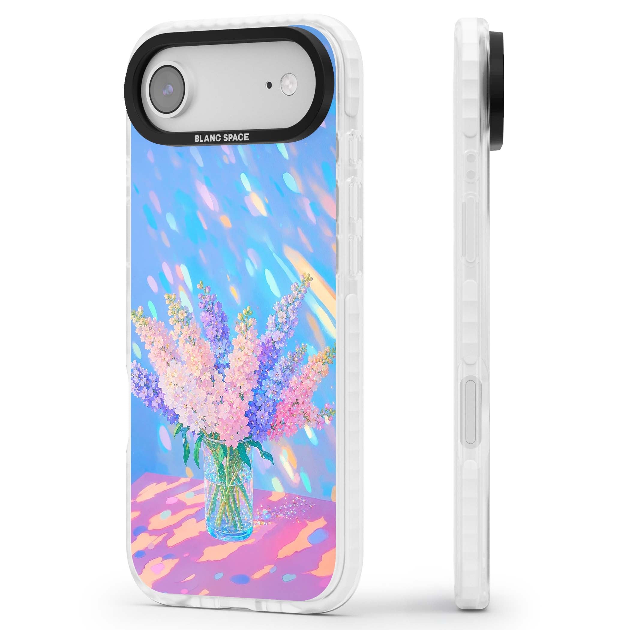 Bubblegum Flowers floral iPhone case featuring pastel lilac and pink bouquet in a glass vase with iridescent light | Impact Magsafe case for iPhone Air