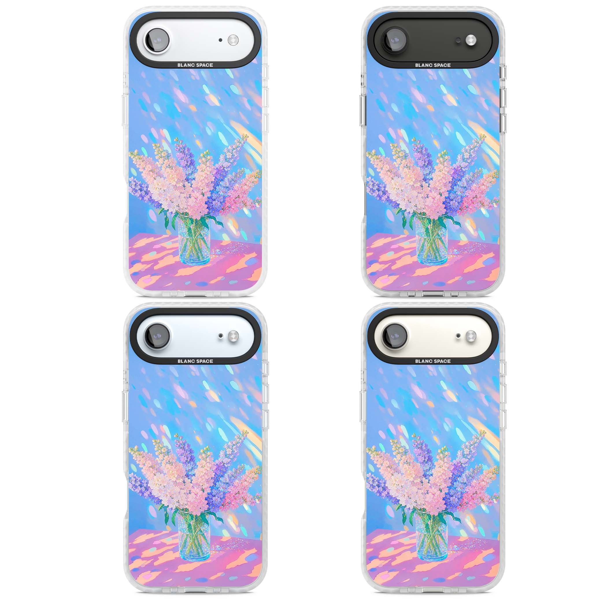 Bubblegum Flowers floral iPhone case featuring pastel lilac and pink bouquet in a glass vase with iridescent light | Impact Magsafe case for iPhone Air