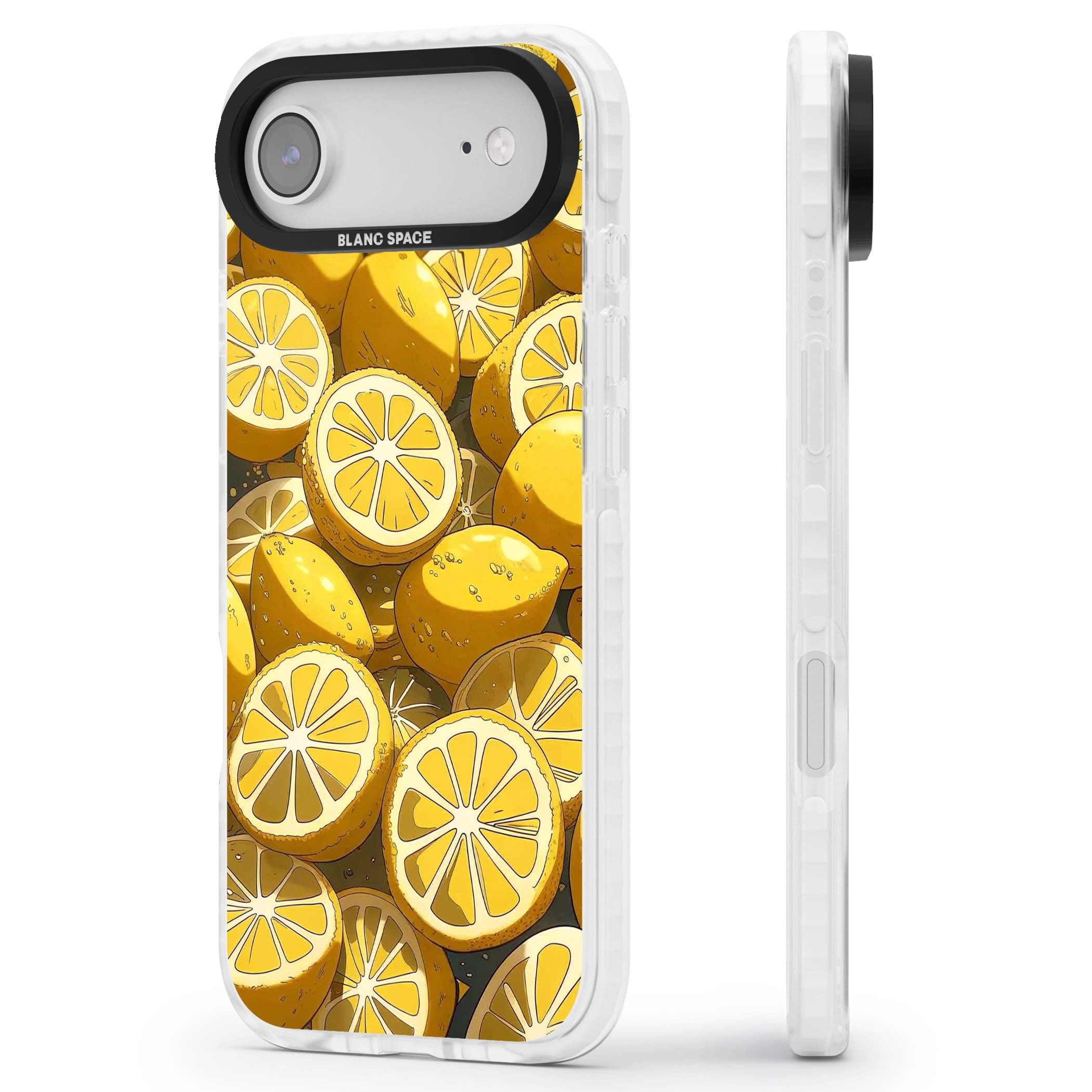 Zesty coastal iPhone case featuring illustrated Mediterranean lemons and citrus slices in golden yellow | Impact Magsafe case for iPhone Air