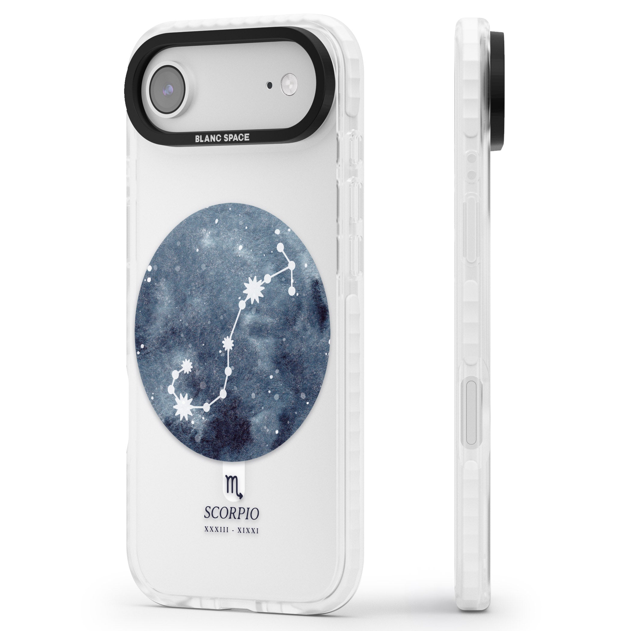 Scorpio Zodiac Blue iPhone 17 Air Impact Pro Clear Phone Case Side Profile