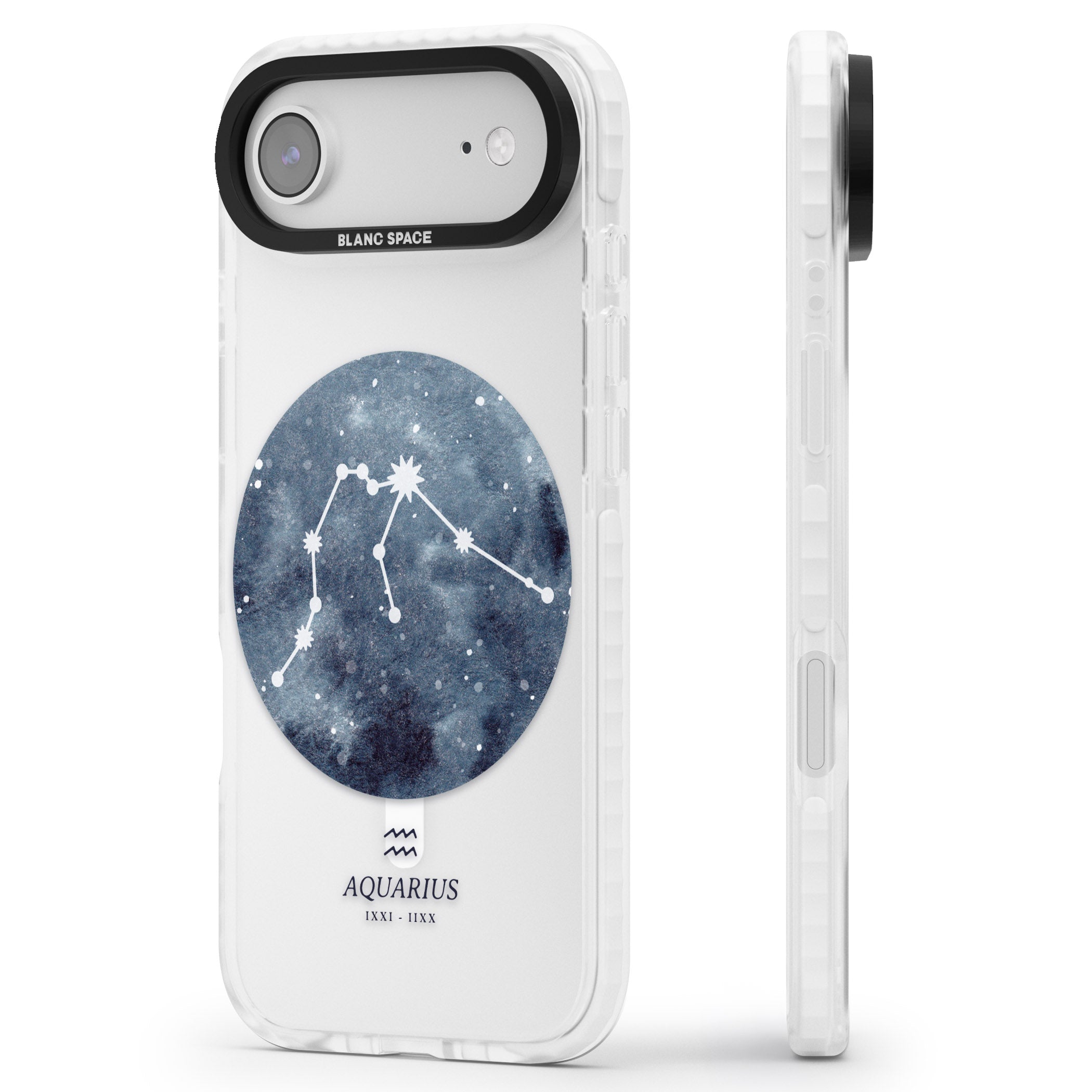 Aquarius Zodiac Blue iPhone 17 Air Impact Pro Clear Phone Case Side Profile
