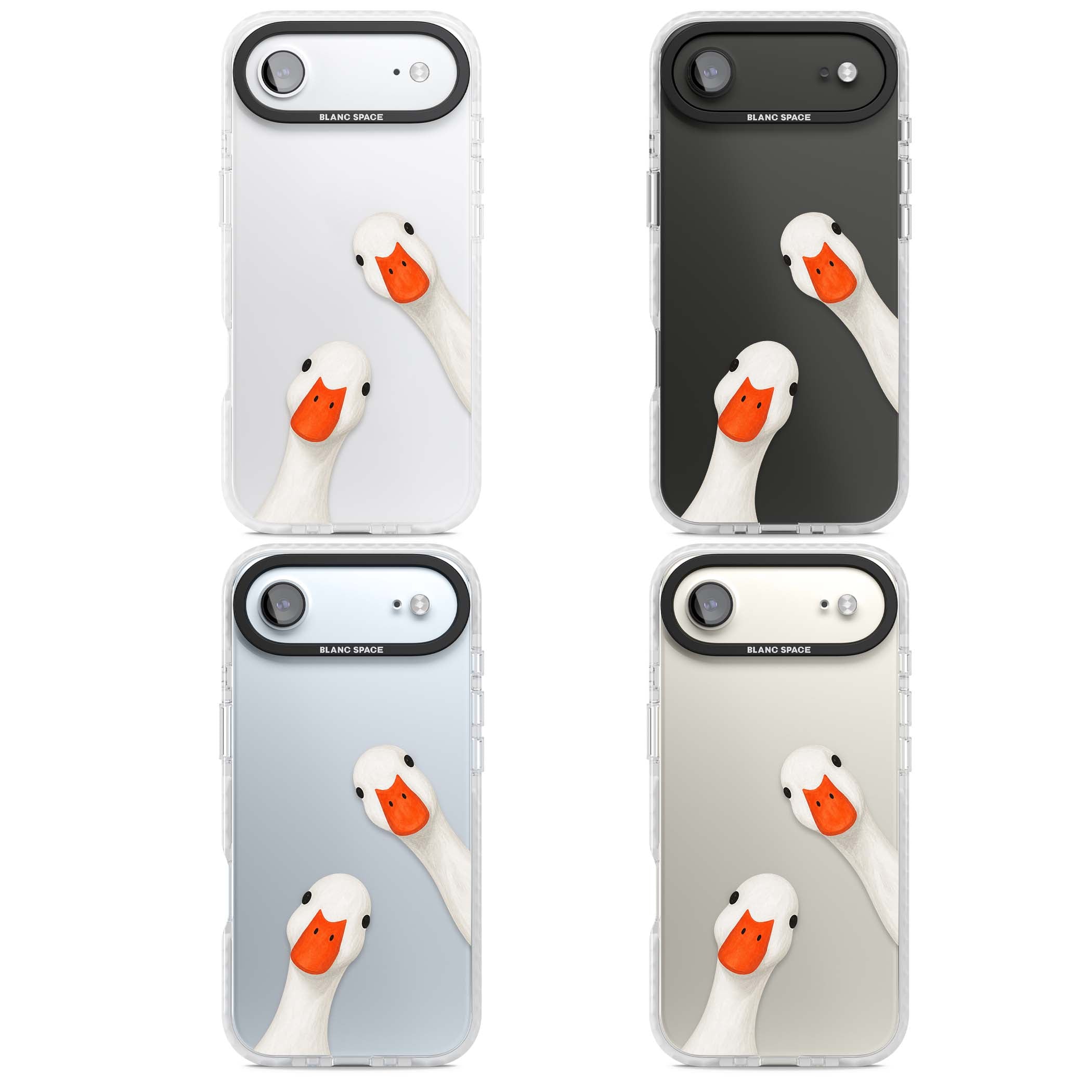 Nosy Ducks cottagecore iPhone case featuring two peeking white ducks with orange beaks on a clear background | Black Impact case for iPhone Air