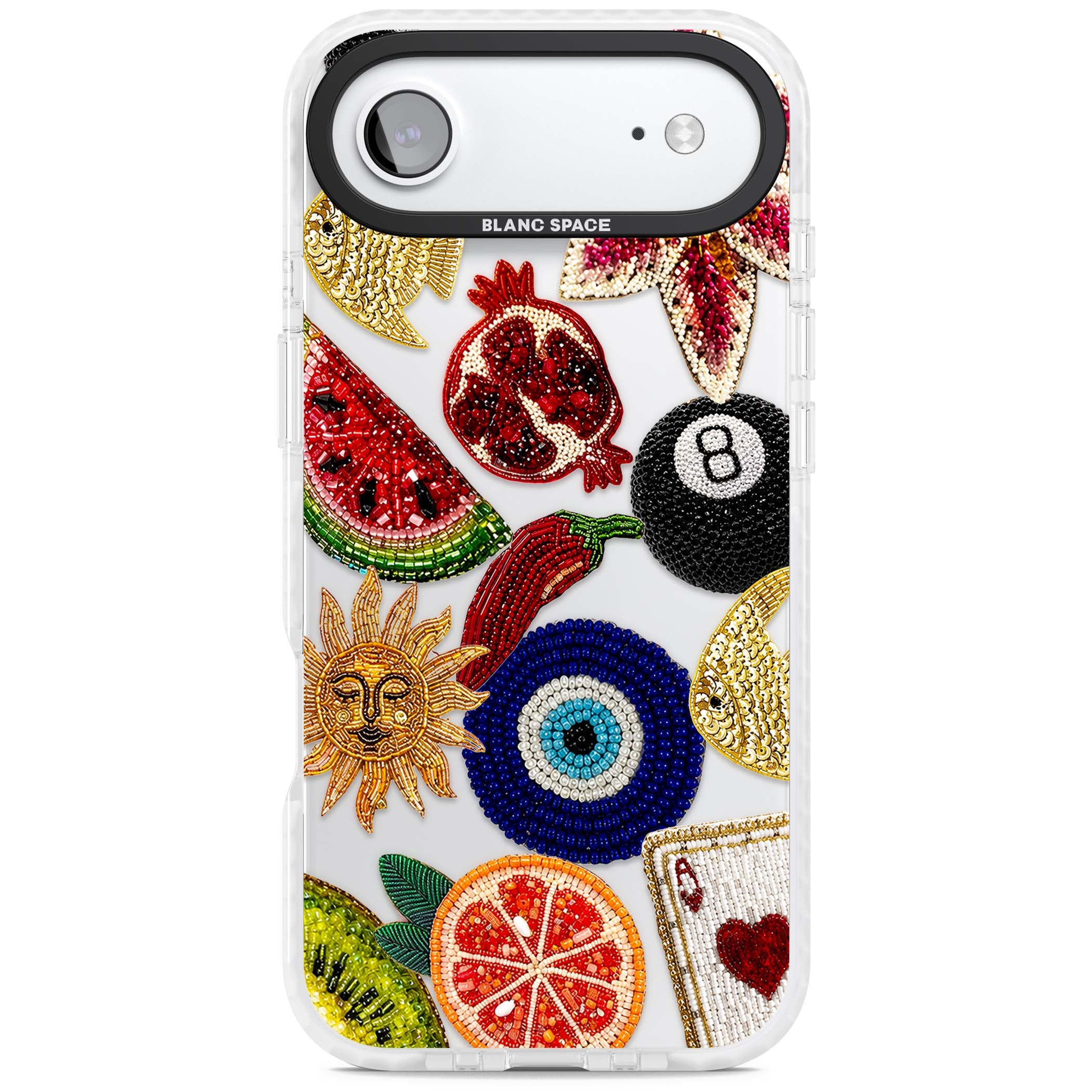 Beaded Charms embroidery iPhone case featuring beaded evil eye, fruit patches and a golden sun motif | Black Impact case for iPhone Air
