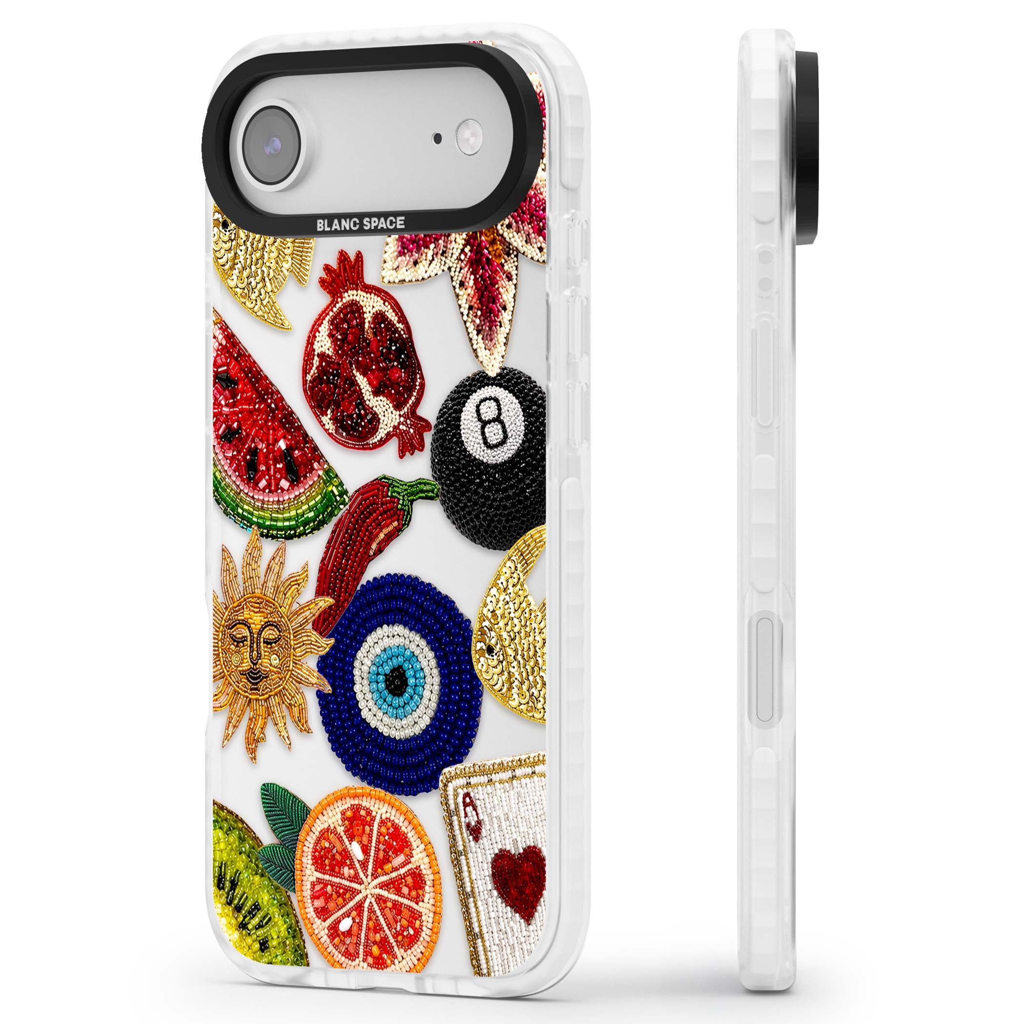 Beaded Charms embroidery iPhone case featuring beaded evil eye, fruit patches and a golden sun motif | Black Impact case for iPhone Air