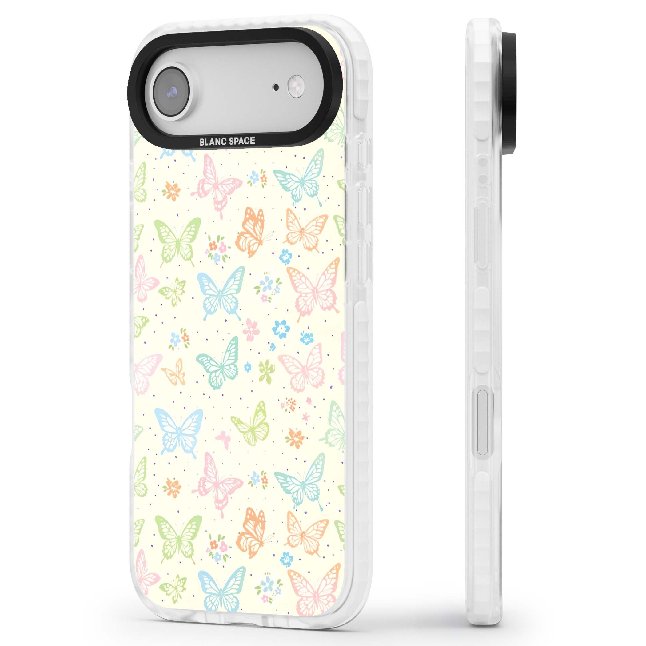 Sugar Wings cottagecore iPhone case featuring rainbow pastel butterflies, tiny wildflowers, and a cream background | Black Impact case for iPhone Air