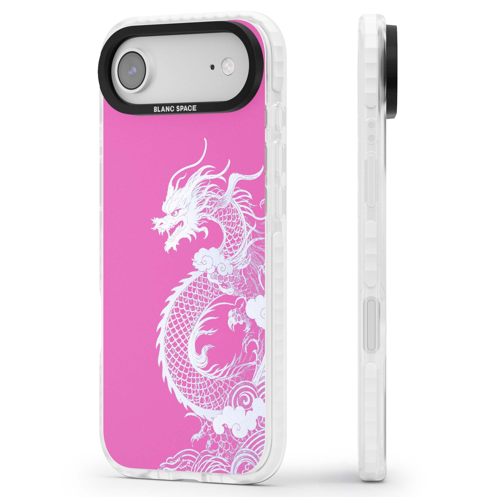 Pink Empress chinese dragon iPhone case featuring a white dragon, swirling clouds and pink dragon wallpaper backdrop | Black Impact case for iPhone Air