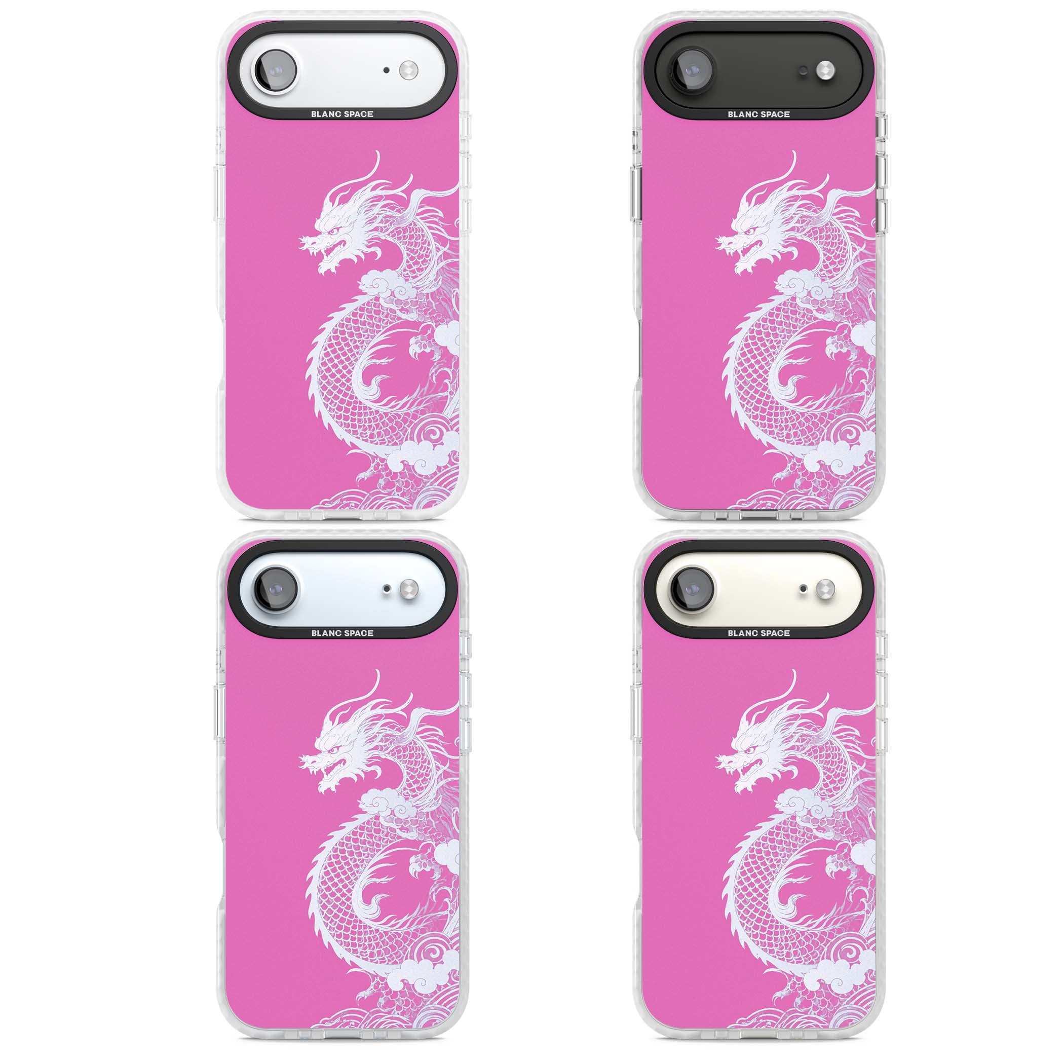 Pink Empress chinese dragon iPhone case featuring a white dragon, swirling clouds and pink dragon wallpaper backdrop | Black Impact case for iPhone Air