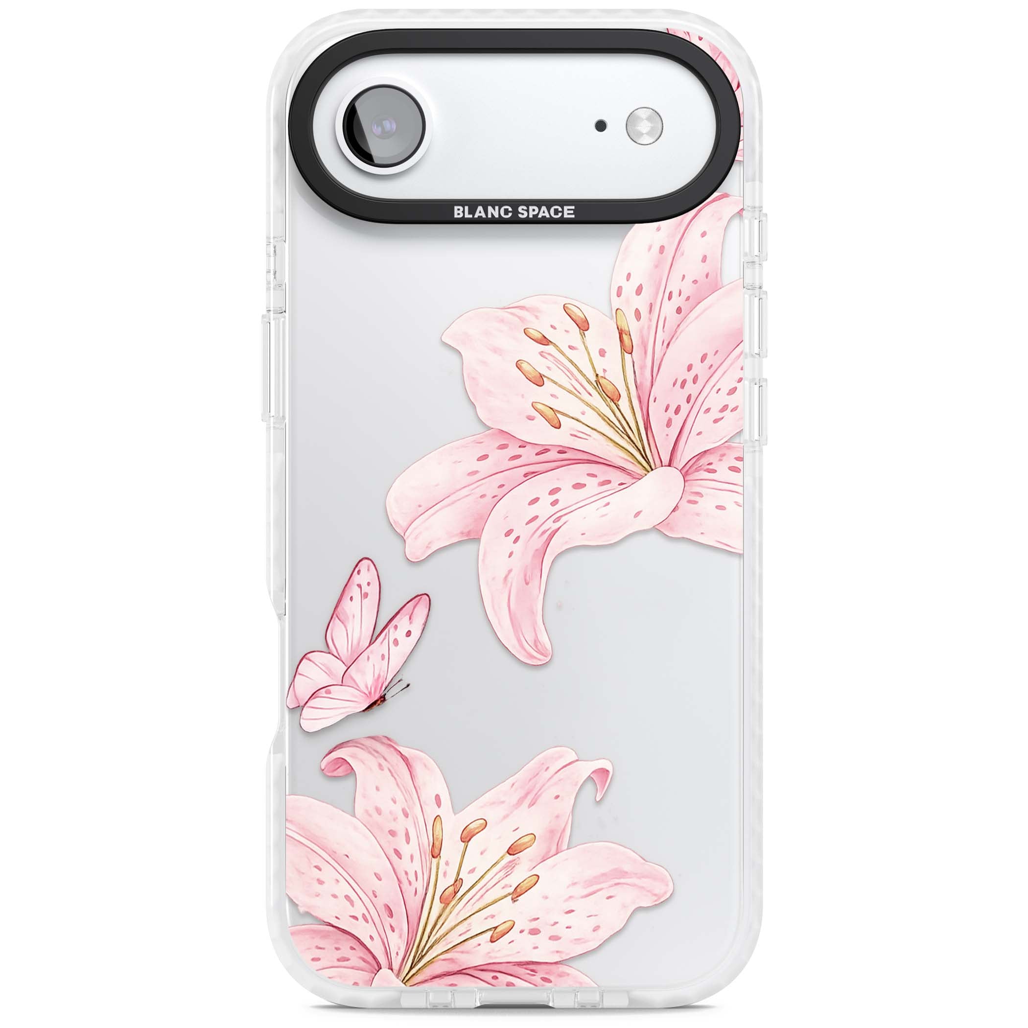 Lily Whisper floral iPhone case featuring pink watercolour lilies and delicate butterflies on a clear background | Black Impact case for iPhone Air
