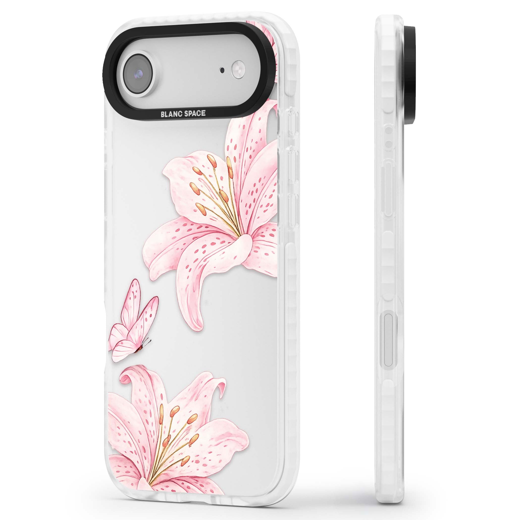 Lily Whisper floral iPhone case featuring pink watercolour lilies and delicate butterflies on a clear background | Black Impact case for iPhone Air