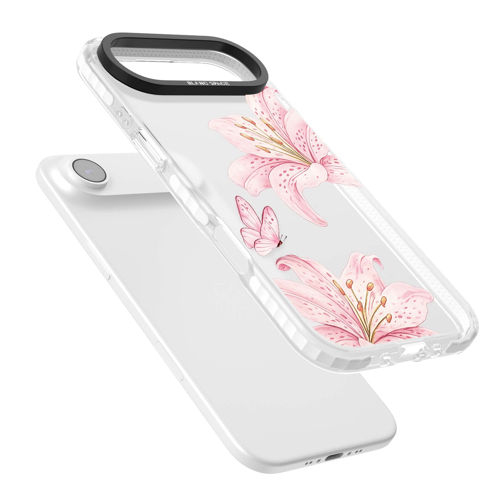 Lily Whisper floral iPhone case featuring pink watercolour lilies and delicate butterflies on a clear background | Black Impact case for iPhone Air