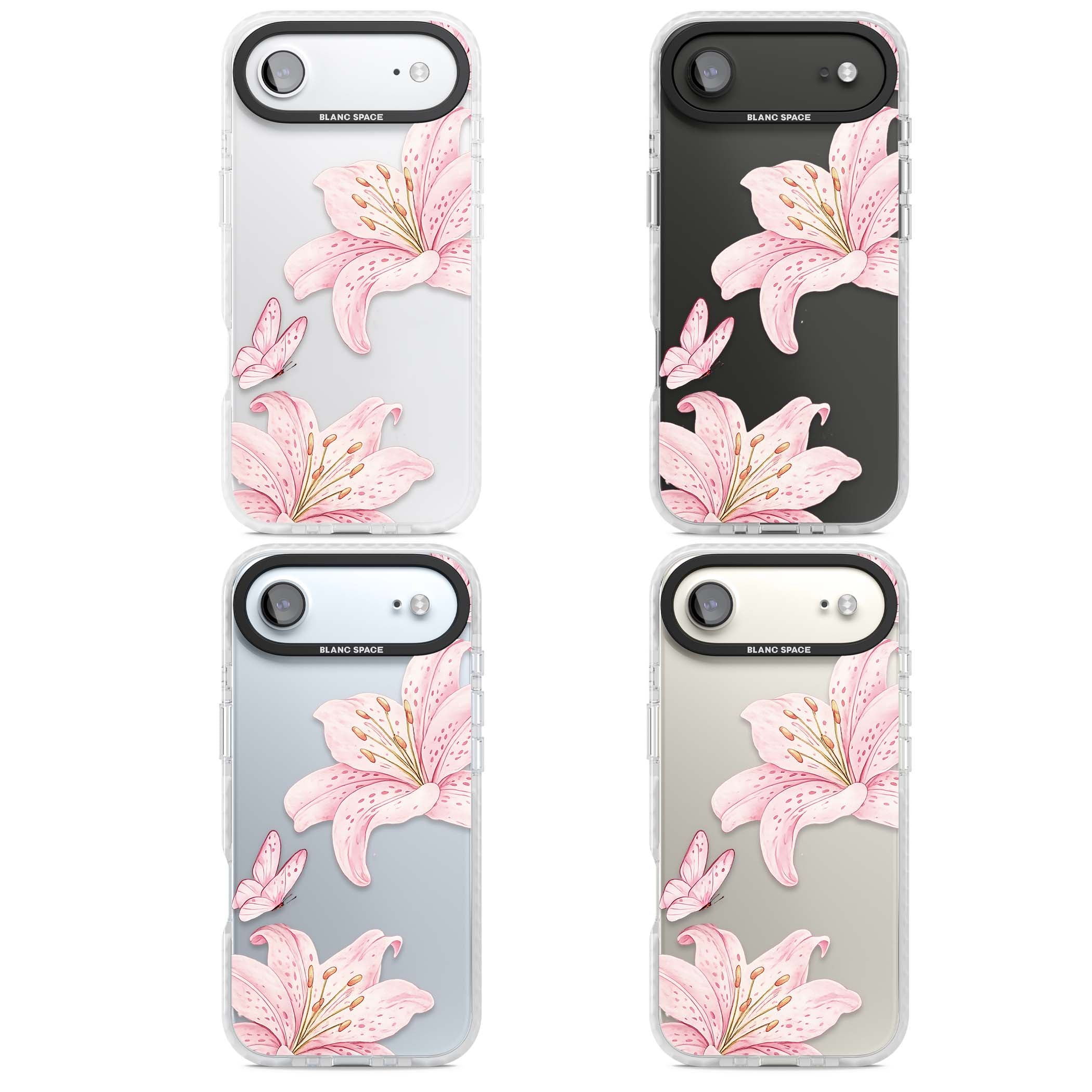 Lily Whisper floral iPhone case featuring pink watercolour lilies and delicate butterflies on a clear background | Black Impact case for iPhone Air