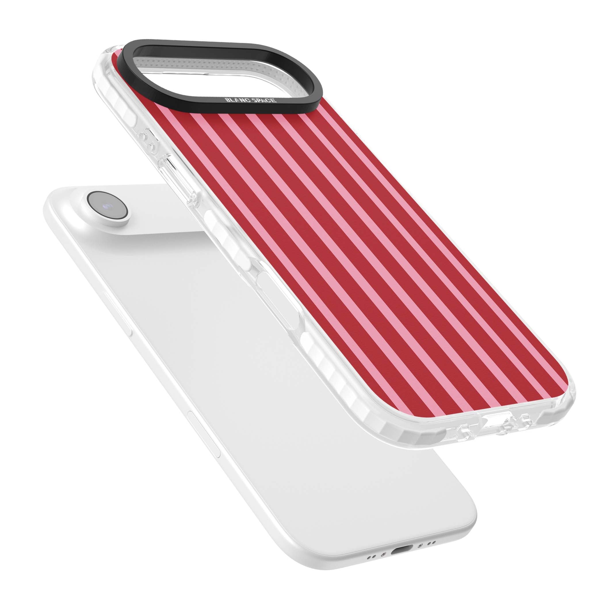 Raspberry Stripe coquette iPhone case featuring red and pink vertical stripes in a candy-inspired pattern | Black Impact case for iPhone Air