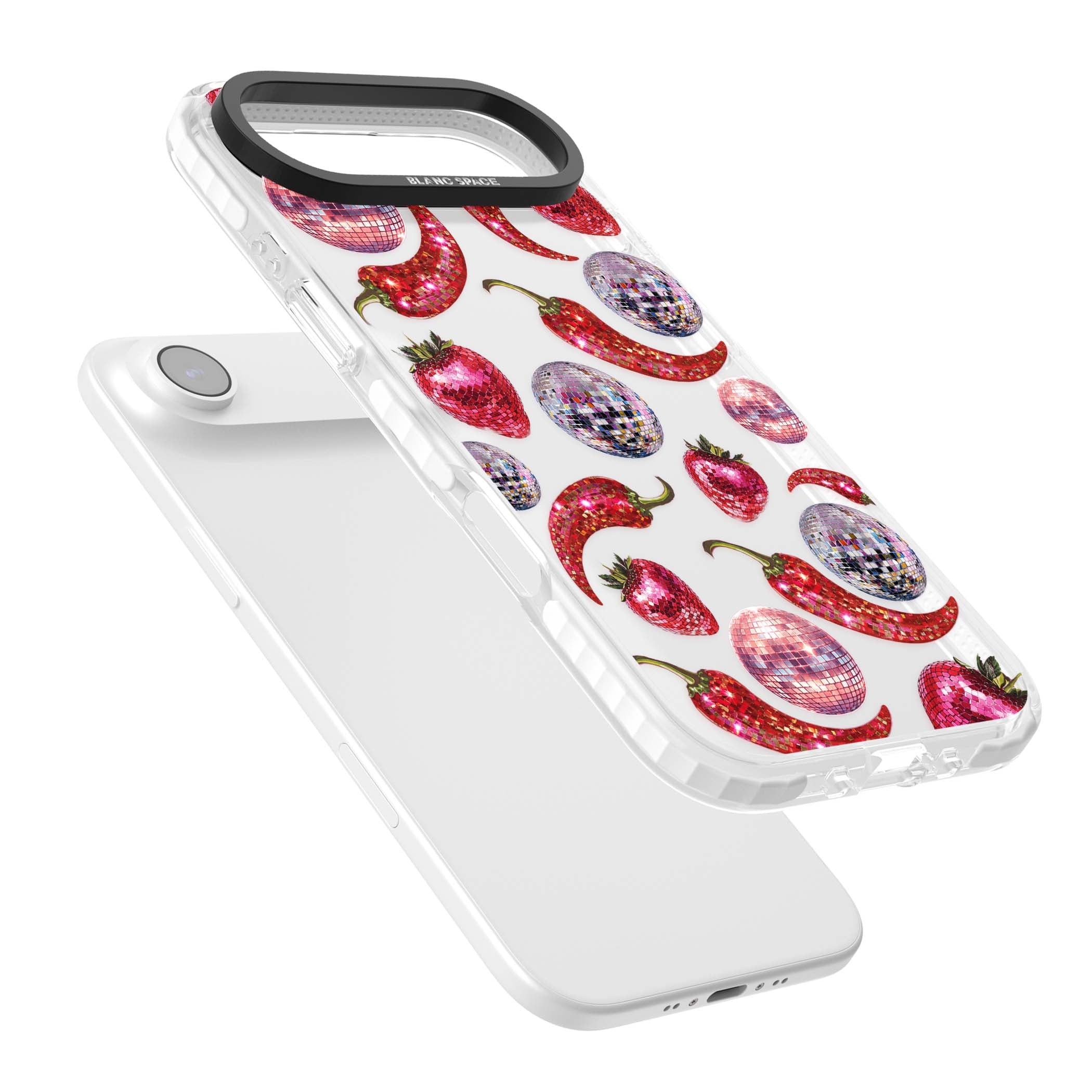 Spicy Disco Y2K iPhone case featuring glitter disco balls, sparkly strawberries and red chilli peppers | Black Impact case for iPhone Air
