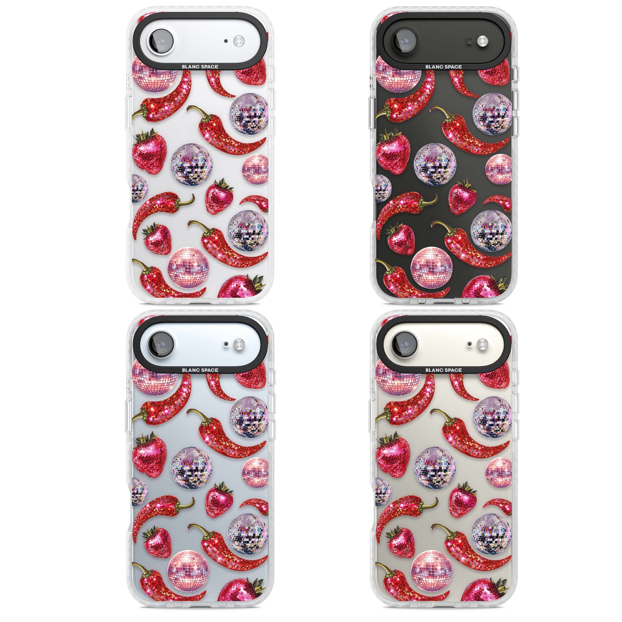 Spicy Disco Y2K iPhone case featuring glitter disco balls, sparkly strawberries and red chilli peppers | Black Impact case for iPhone Air