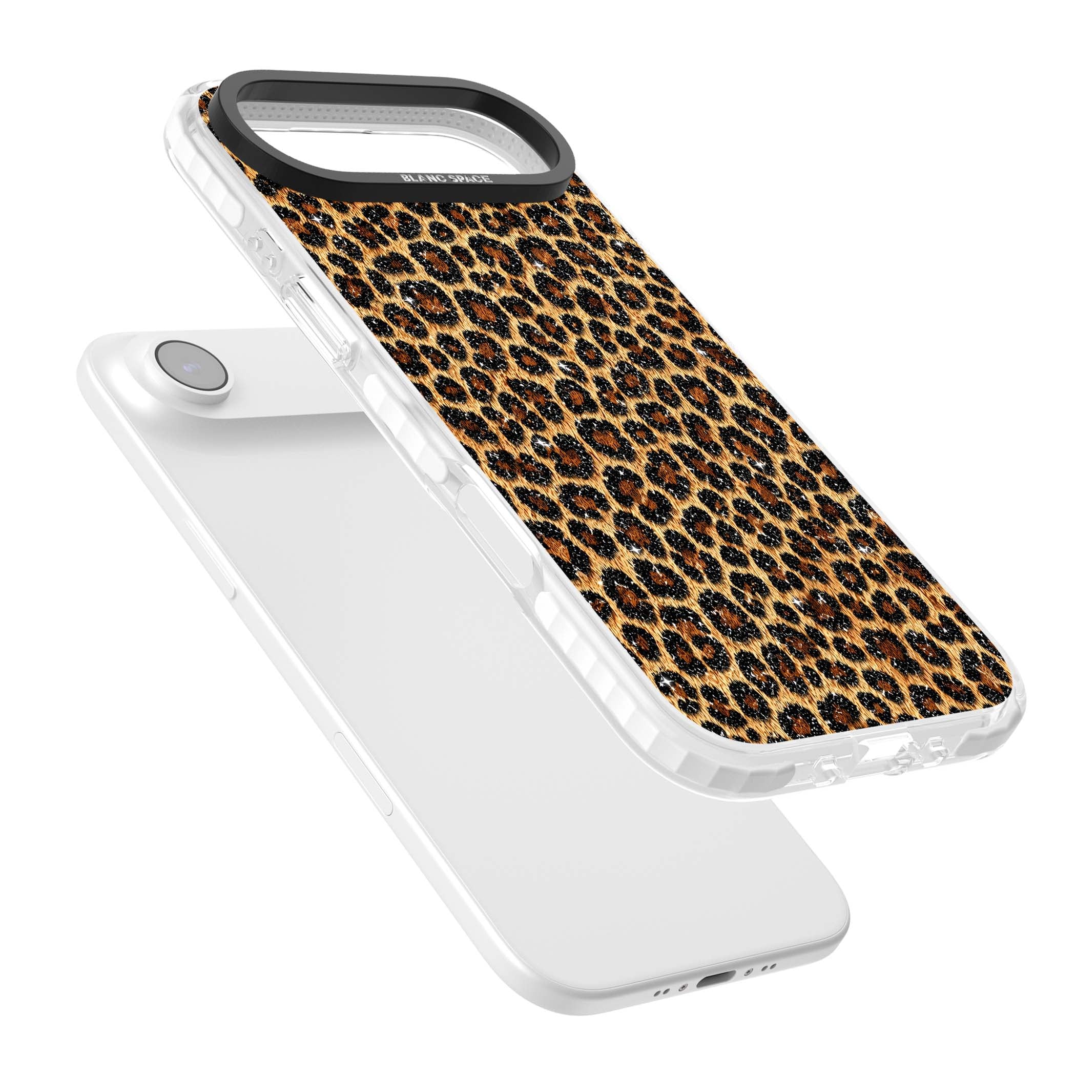 Diamond Leopard leopard print iPhone case featuring golden tan fur, black rosette spots and subtle glitter sparkle | Black Impact case for iPhone Air