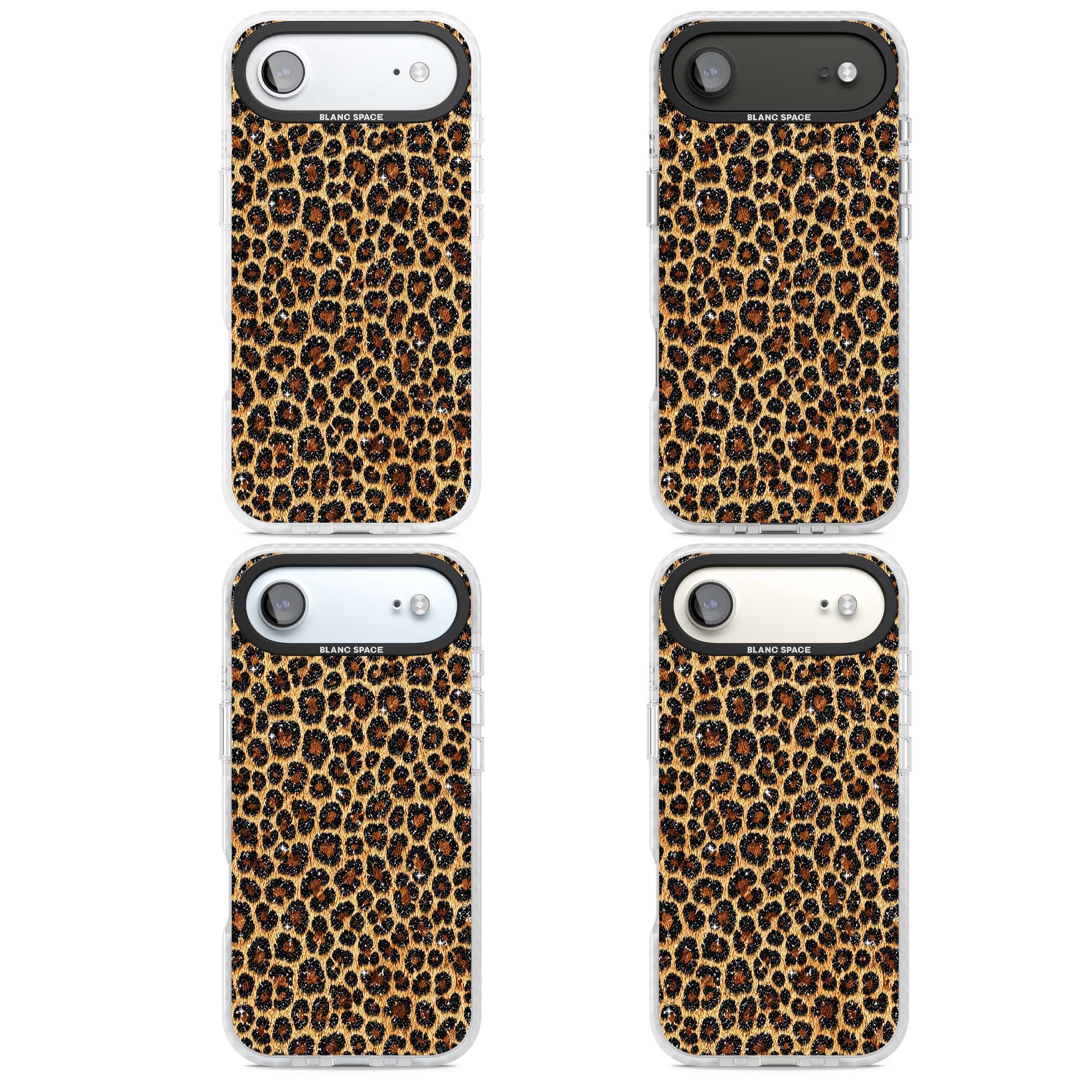 Diamond Leopard leopard print iPhone case featuring golden tan fur, black rosette spots and subtle glitter sparkle | Black Impact case for iPhone Air