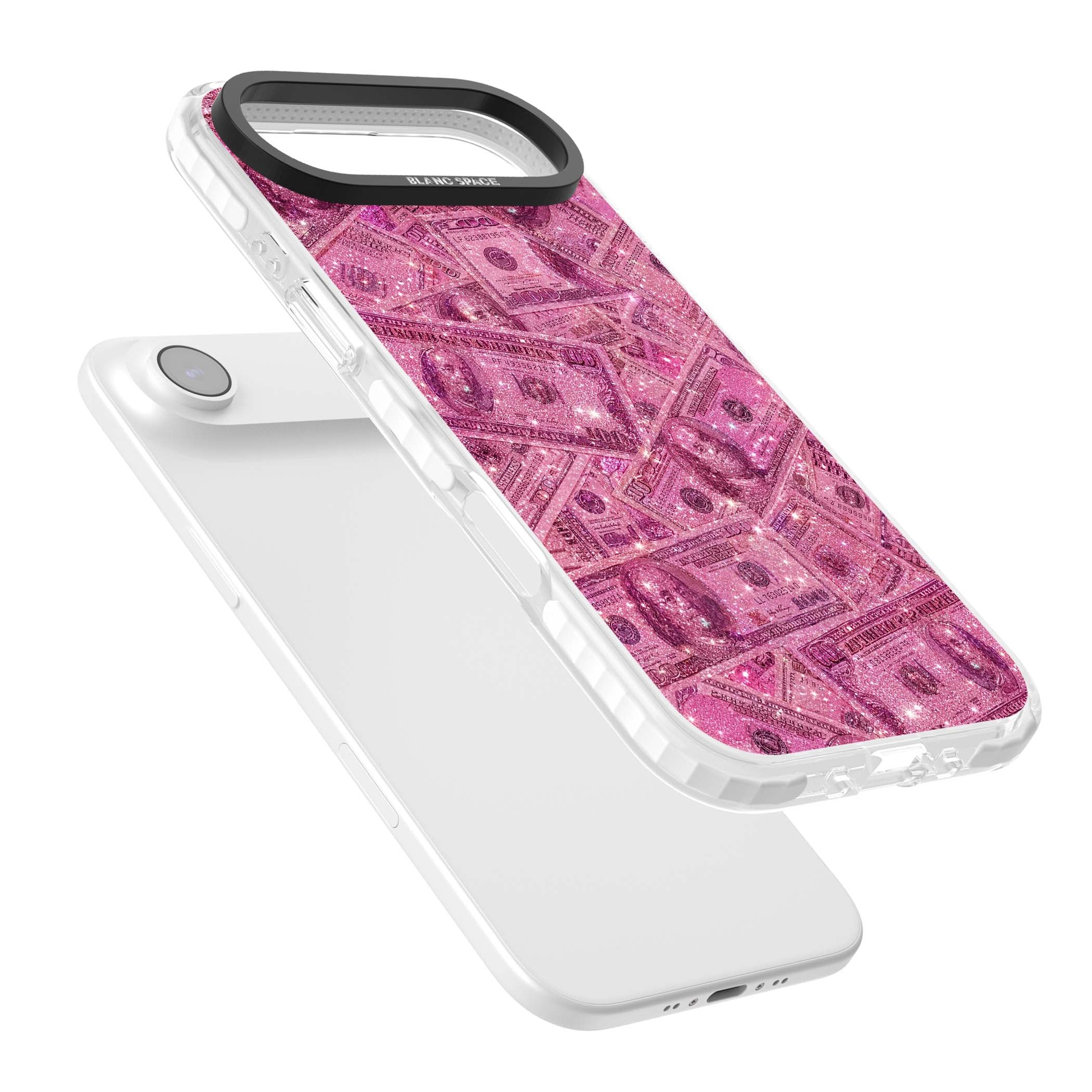 Glamorous baddie iPhone case featuring pink glitter hundred dollar bills and sparkling money wallpaper design | Black Impact case for iPhone Air