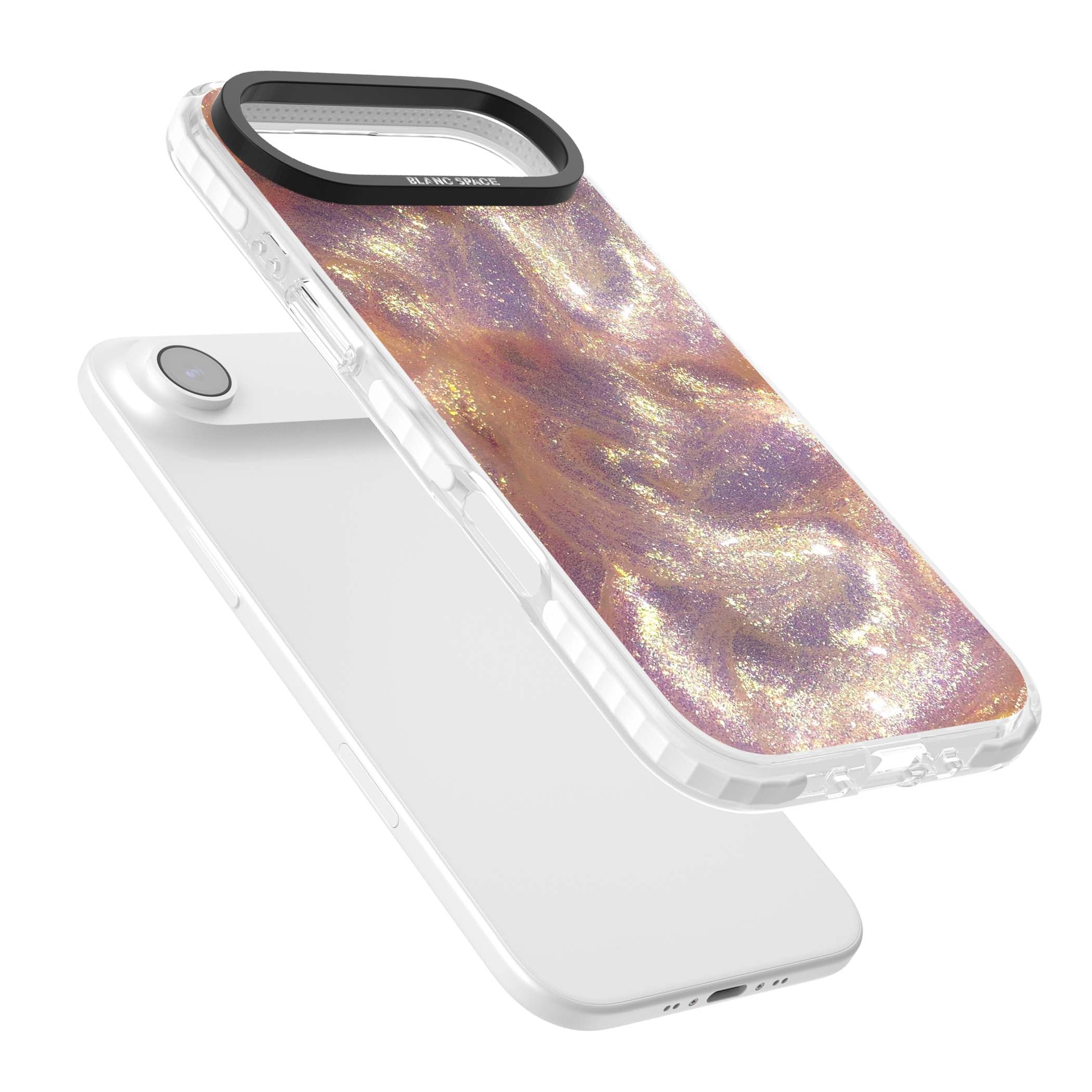 Shimmer marble iPhone case featuring rose gold glitter swirls, lilac shimmer and iridescent pearl finish | Black Impact case for iPhone Air