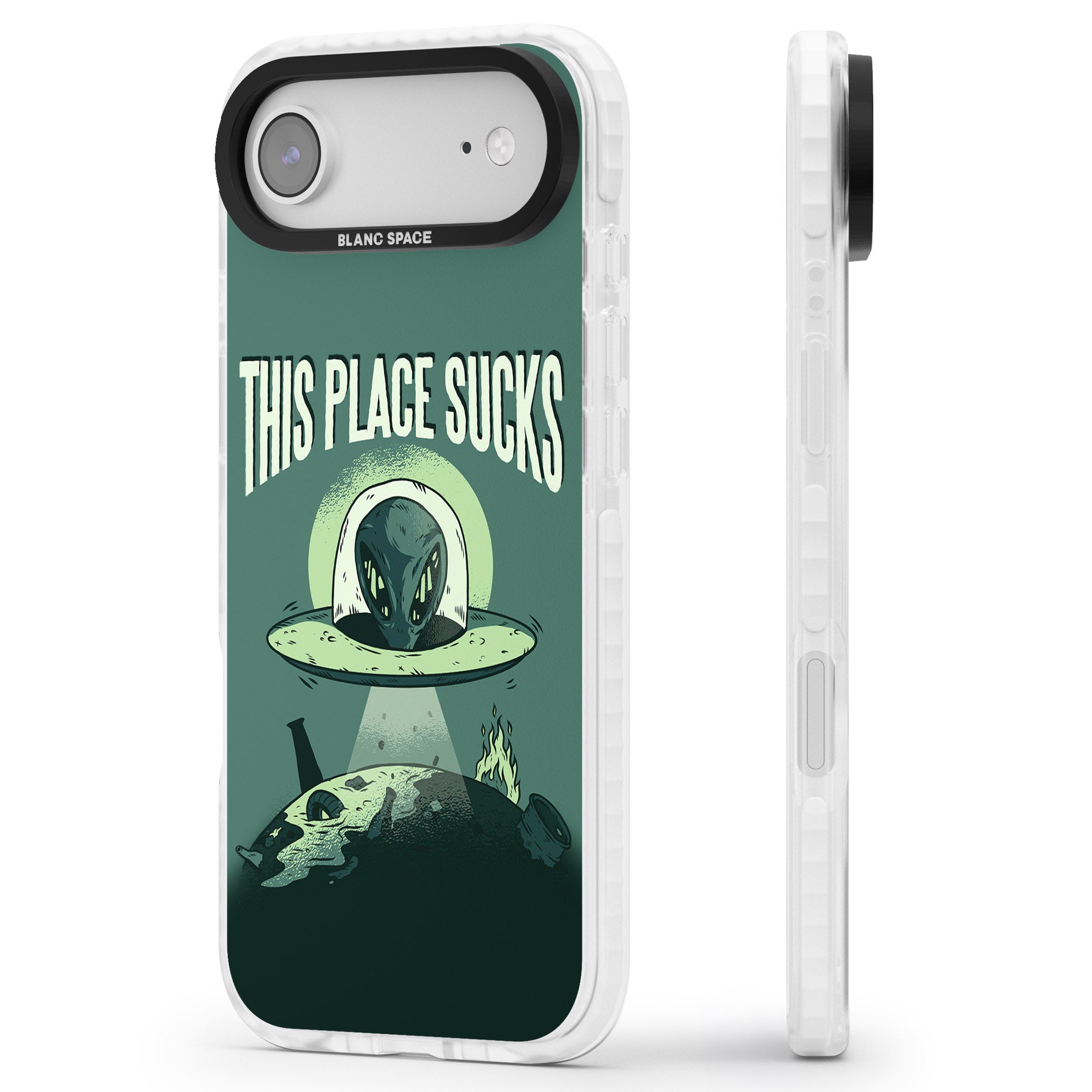 Earth Sucks iPhone 17 Air Impact Clear Phone Case Side Profile