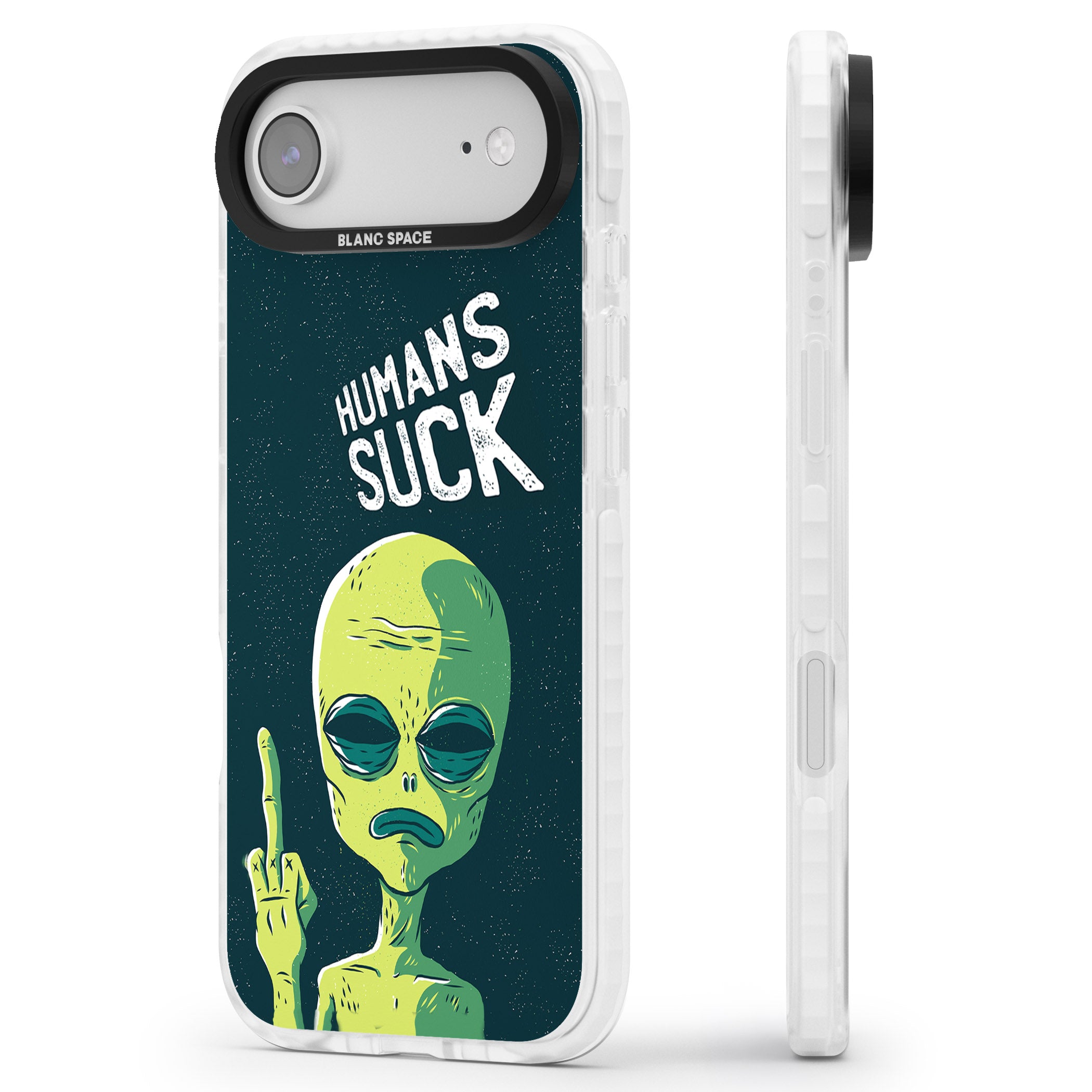 Humans Suck Alien iPhone 17 Air Impact Clear Phone Case Side Profile