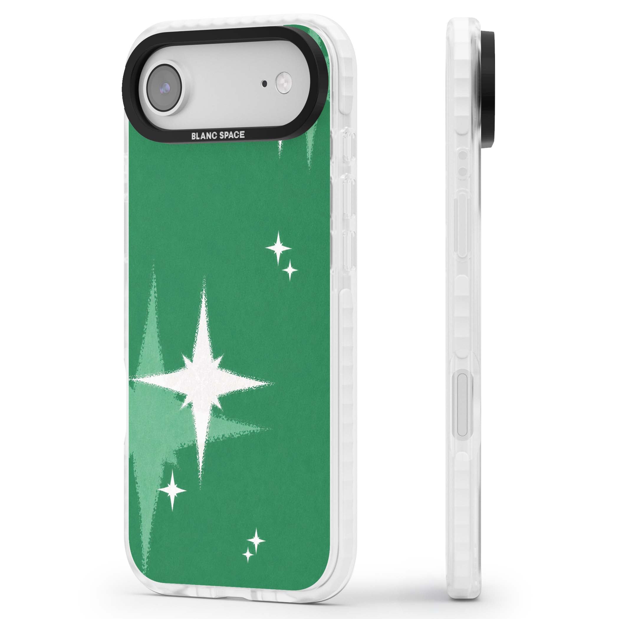 Green Sparkle celestial iPhone case featuring sparkling white four-point stars on a deep green background | Black Impact case for iPhone Air