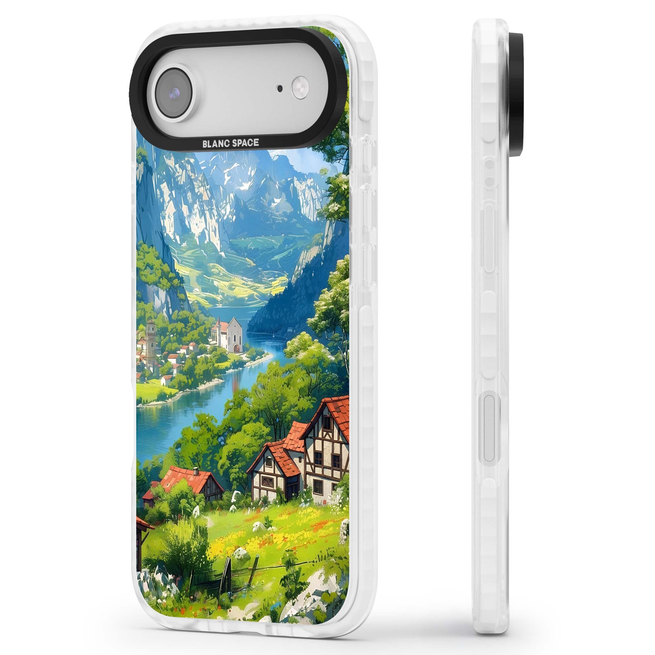 Village In The Valley anime iPhone case featuring a painted mountain village, river valley and half-timbered cottages. | Black Impact case for iPhone Air