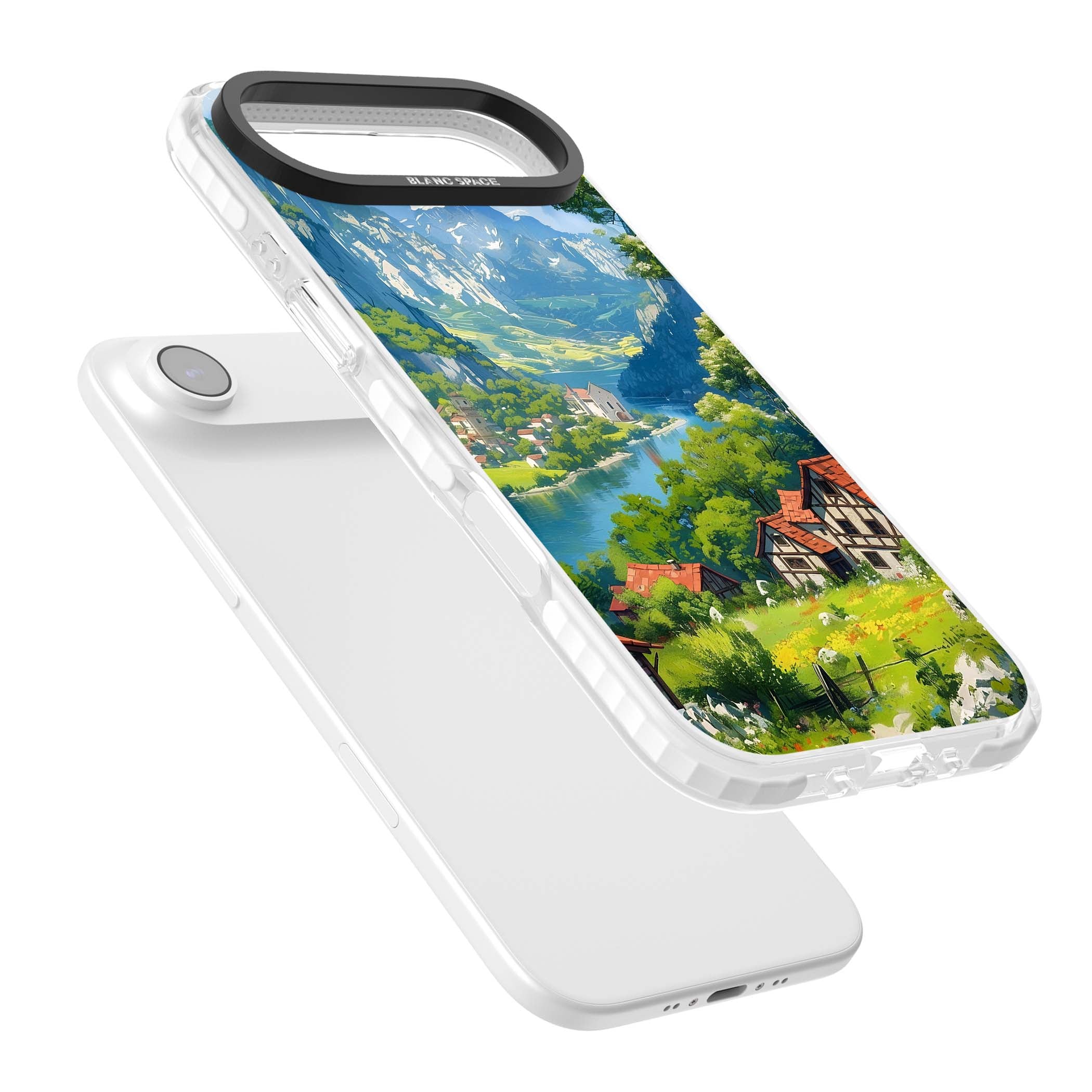 Village In The Valley anime iPhone case featuring a painted mountain village, river valley and half-timbered cottages. | Black Impact case for iPhone Air