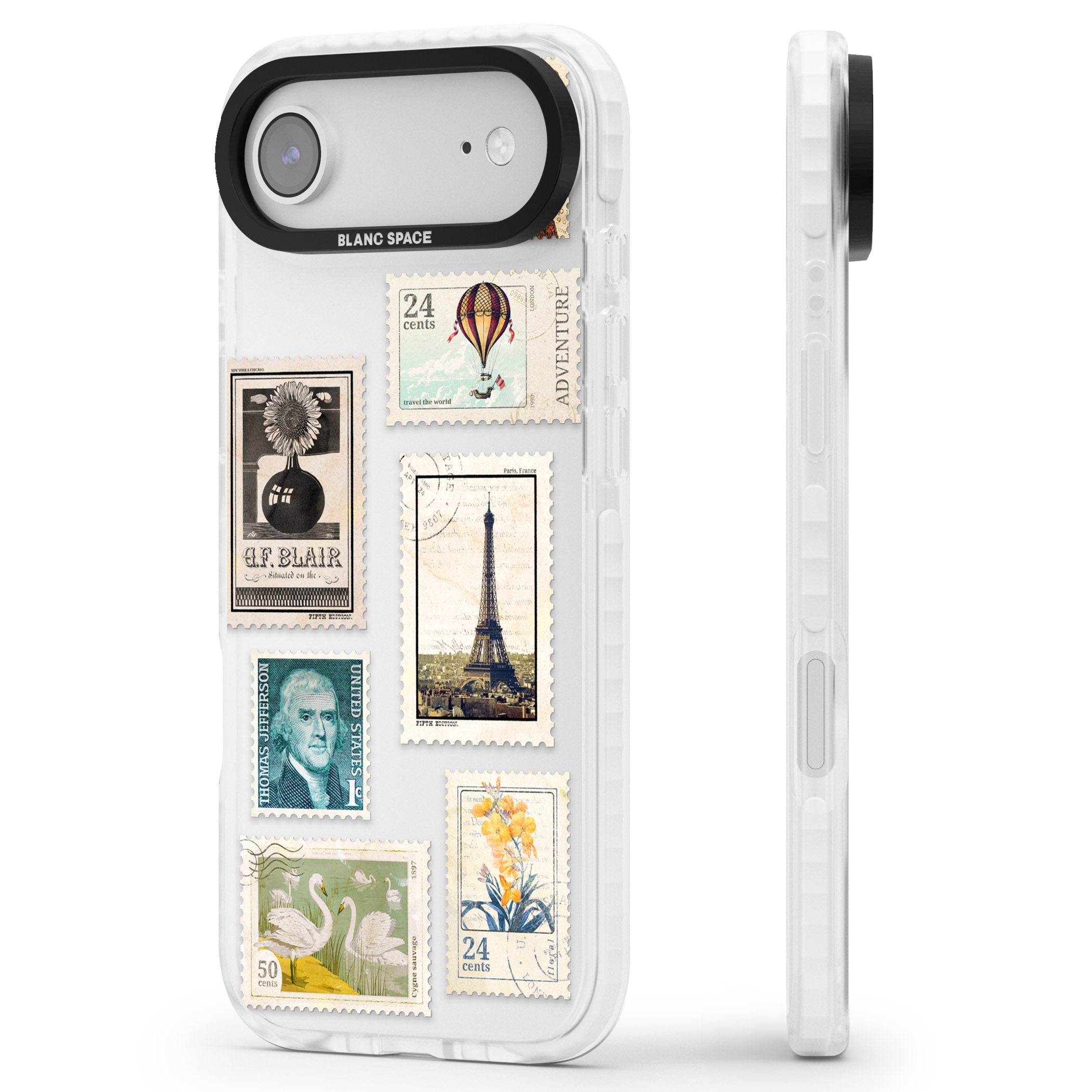 Vintage Stamps iPhone 17 Air Impact Clear Phone Case Side Profile
