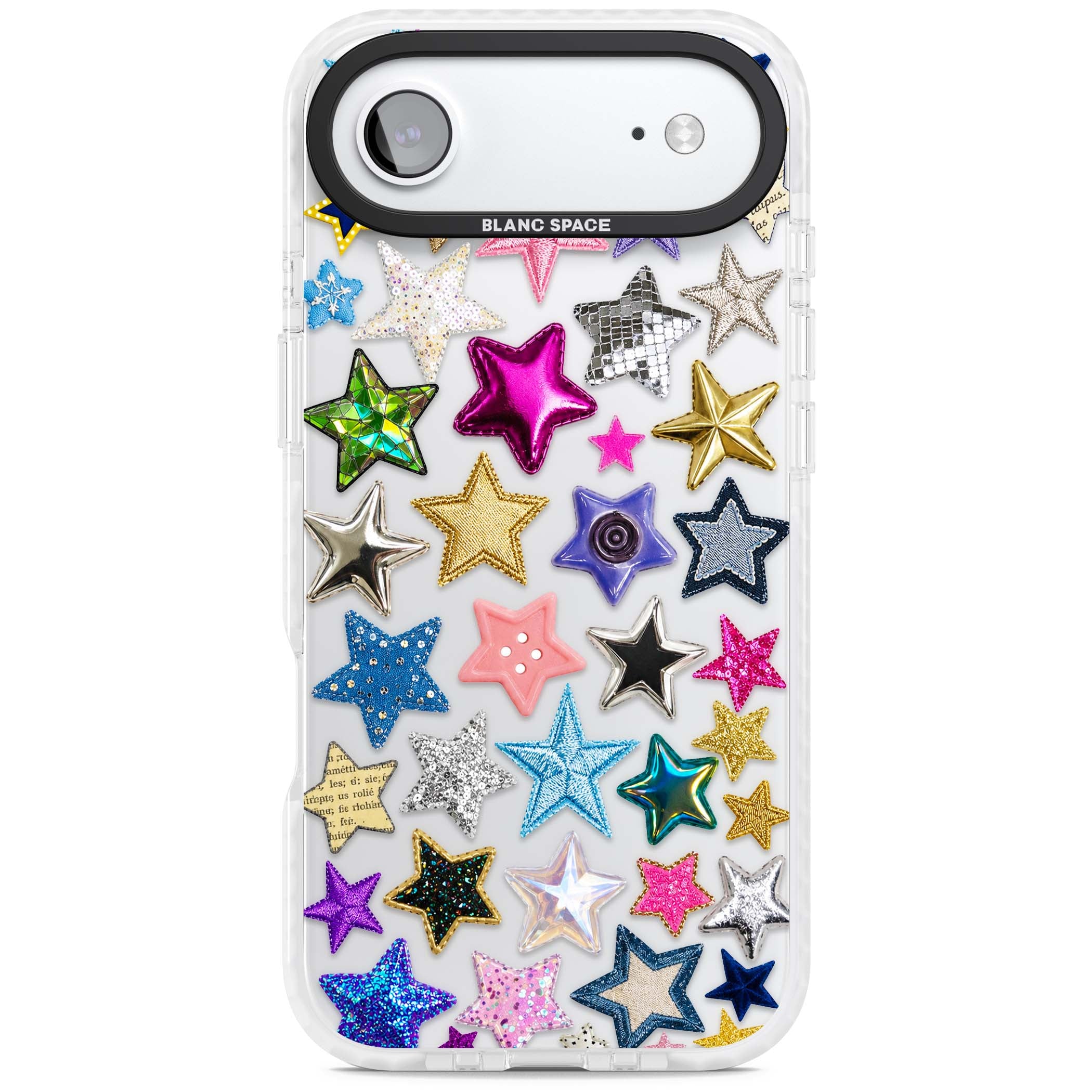 Crafty Star Mix Y2K iPhone case featuring embroidered, sequinned and glitter star patches in rainbow colours | Black Impact case for iPhone Air