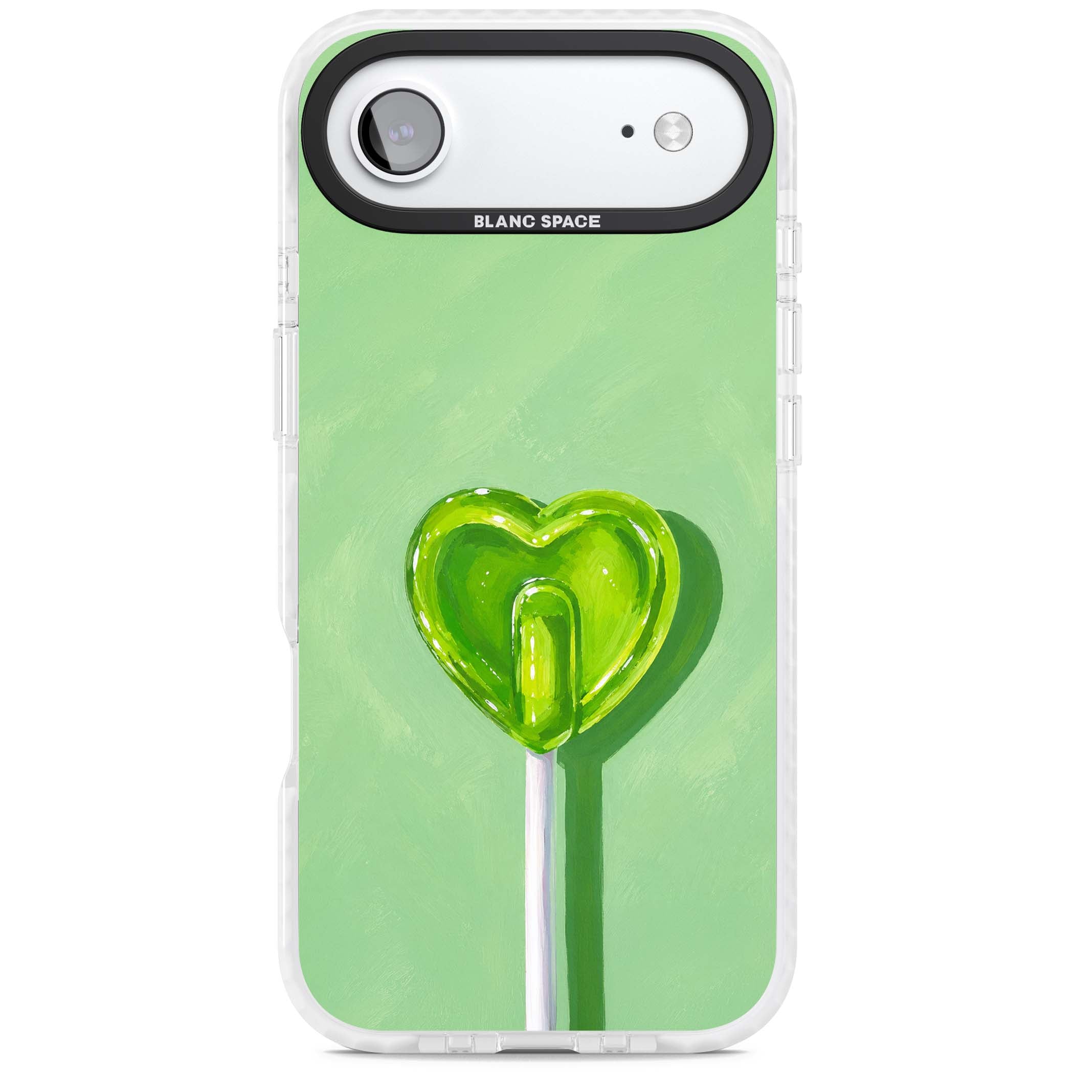 Green Lollipop candy art iPhone case featuring a glossy green heart-shaped lollipop on a painted pastel green background | Black Impact case for iPhone Air