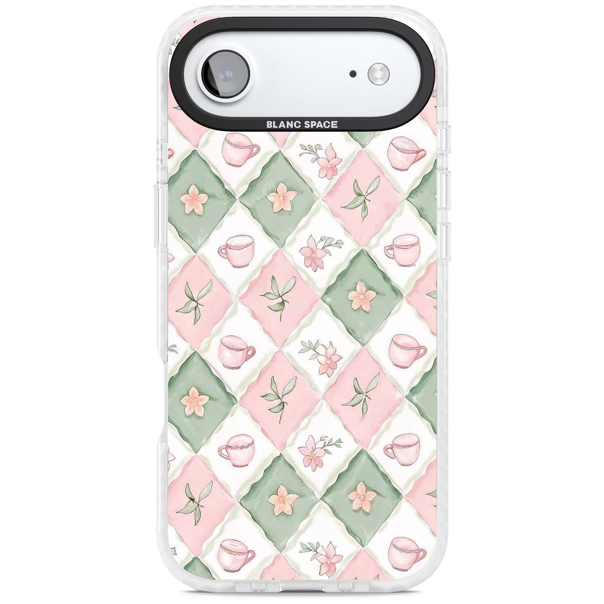 Garden Tea Party coquette iPhone case with pink and green checkered pattern, watercolour teacups and wildflowers | Black Impact case for iPhone Air