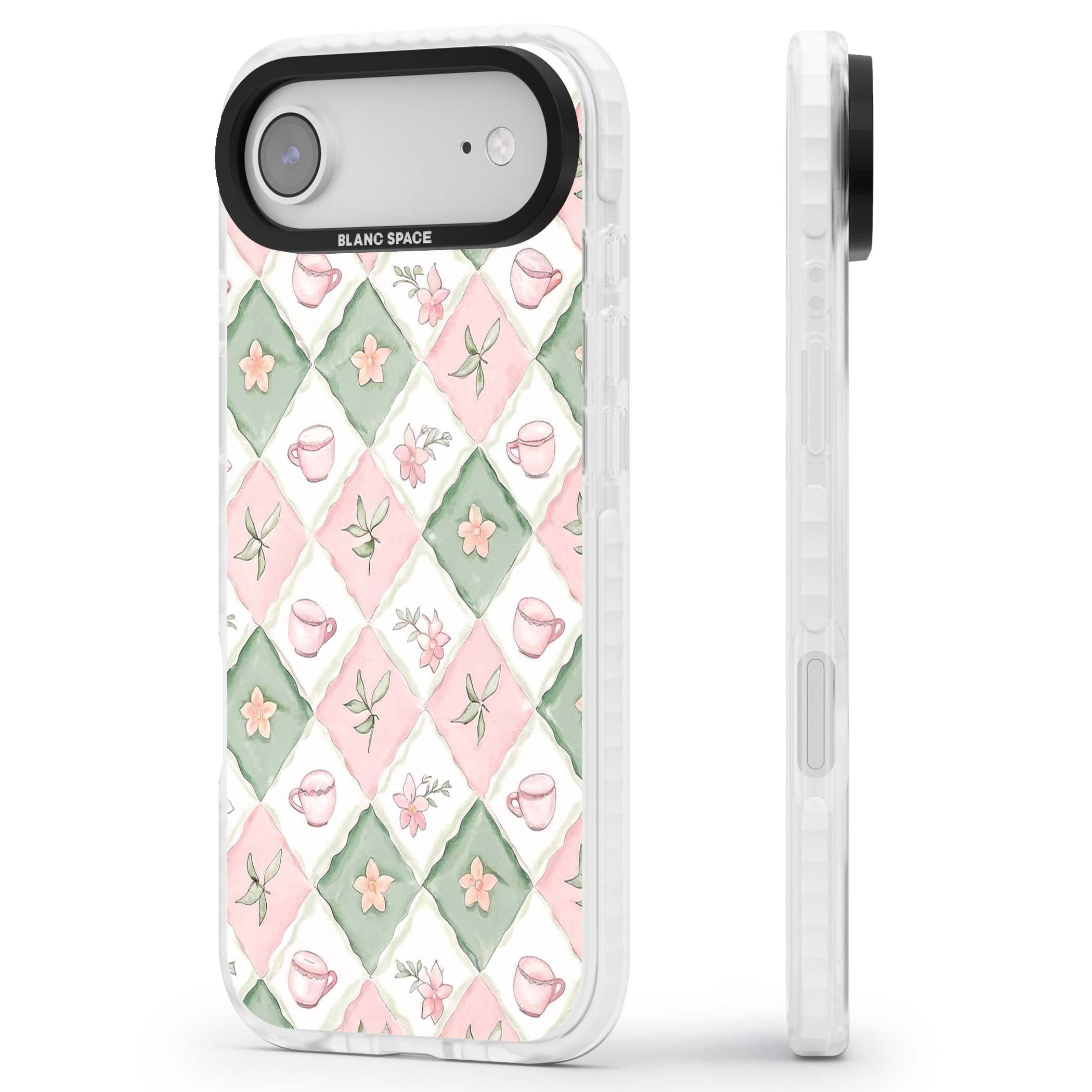 Garden Tea Party coquette iPhone case with pink and green checkered pattern, watercolour teacups and wildflowers | Black Impact case for iPhone Air