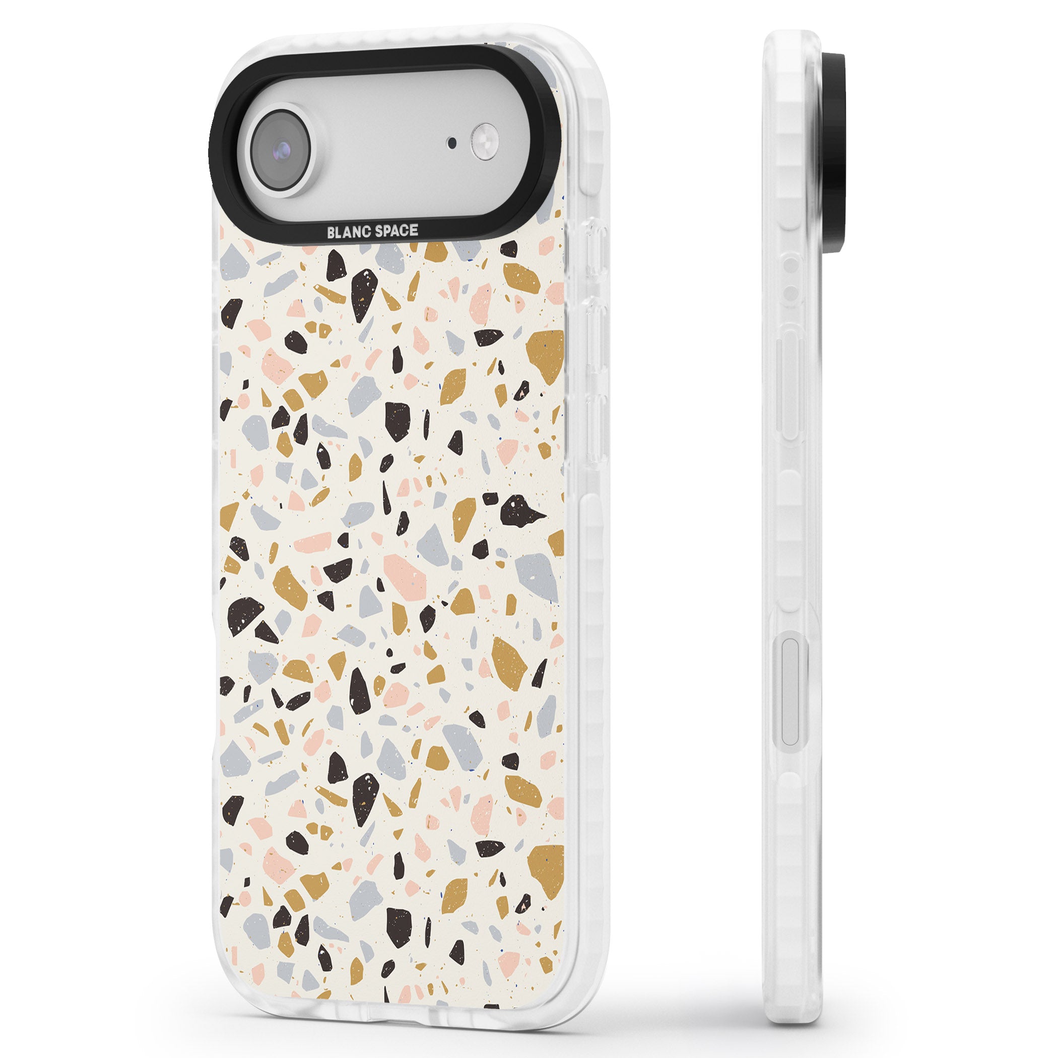 Pale Pink, Blue, & Mocha Terrazzo Pattern iPhone 17 Air Impact Clear Phone Case Side Profile