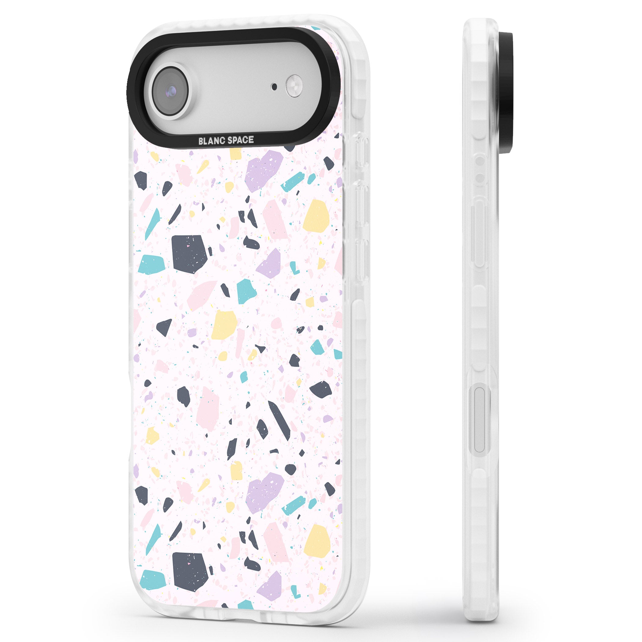 Pink, Purple & Turquoise Terrazzo Pattern iPhone 17 Air Impact Clear Phone Case Side Profile