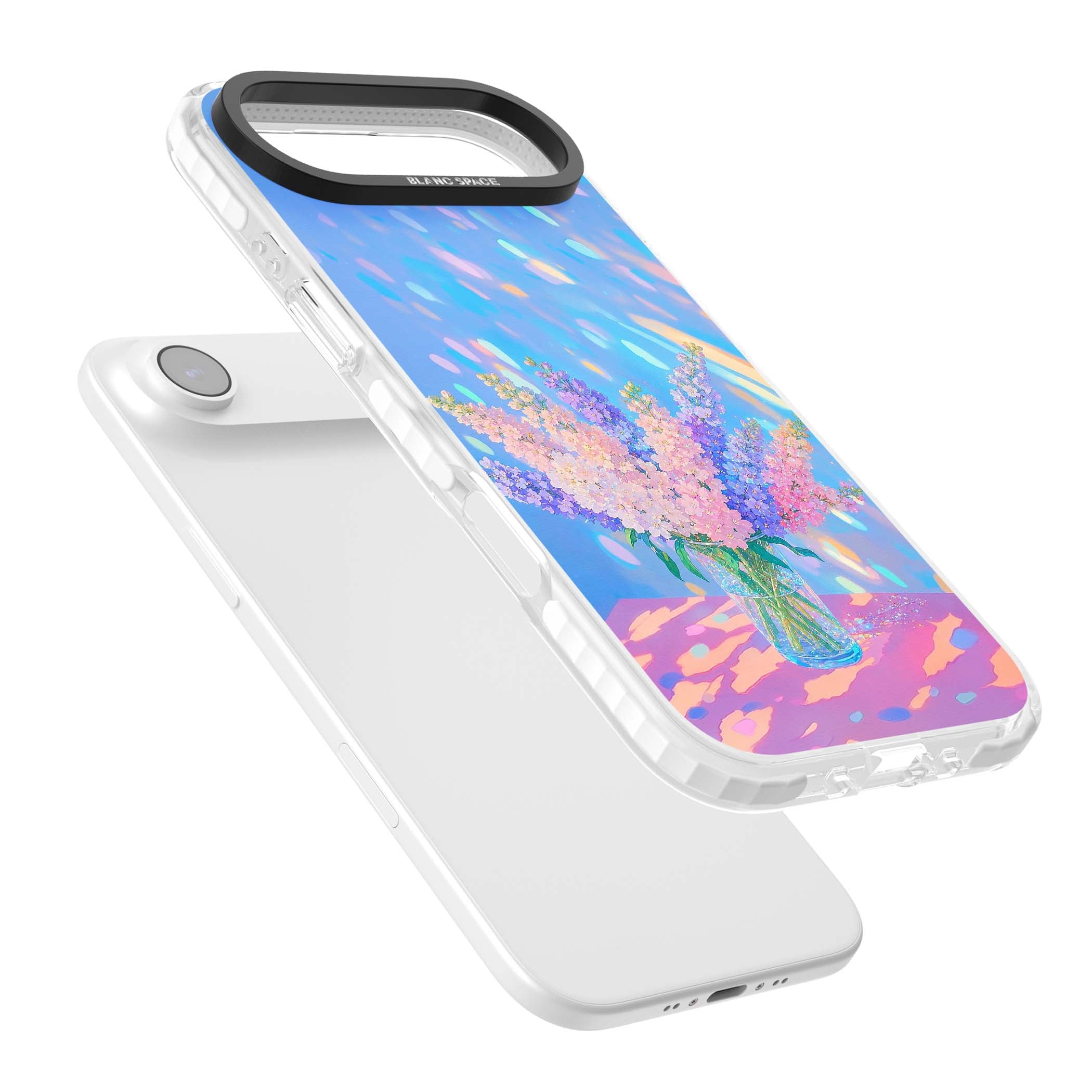 Bubblegum Flowers floral iPhone case featuring pastel lilac and pink bouquet in a glass vase with iridescent light | Black Impact case for iPhone Air